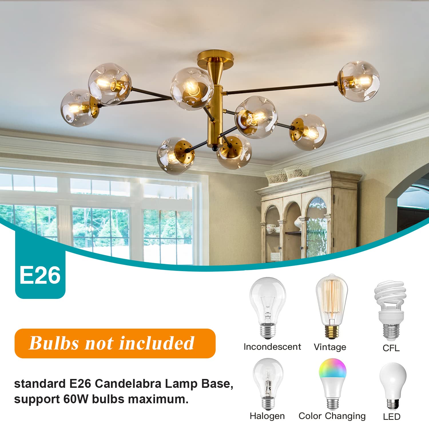 Hesoge 8 Light Sputnik Semi Flush Mount Ceiling Light Fixture Mid Century Modern Chandelier With Glass Globe Black Gold Ceiling Lighting For Dinning Room Farmhouse Kitchen Bedroom Living Room