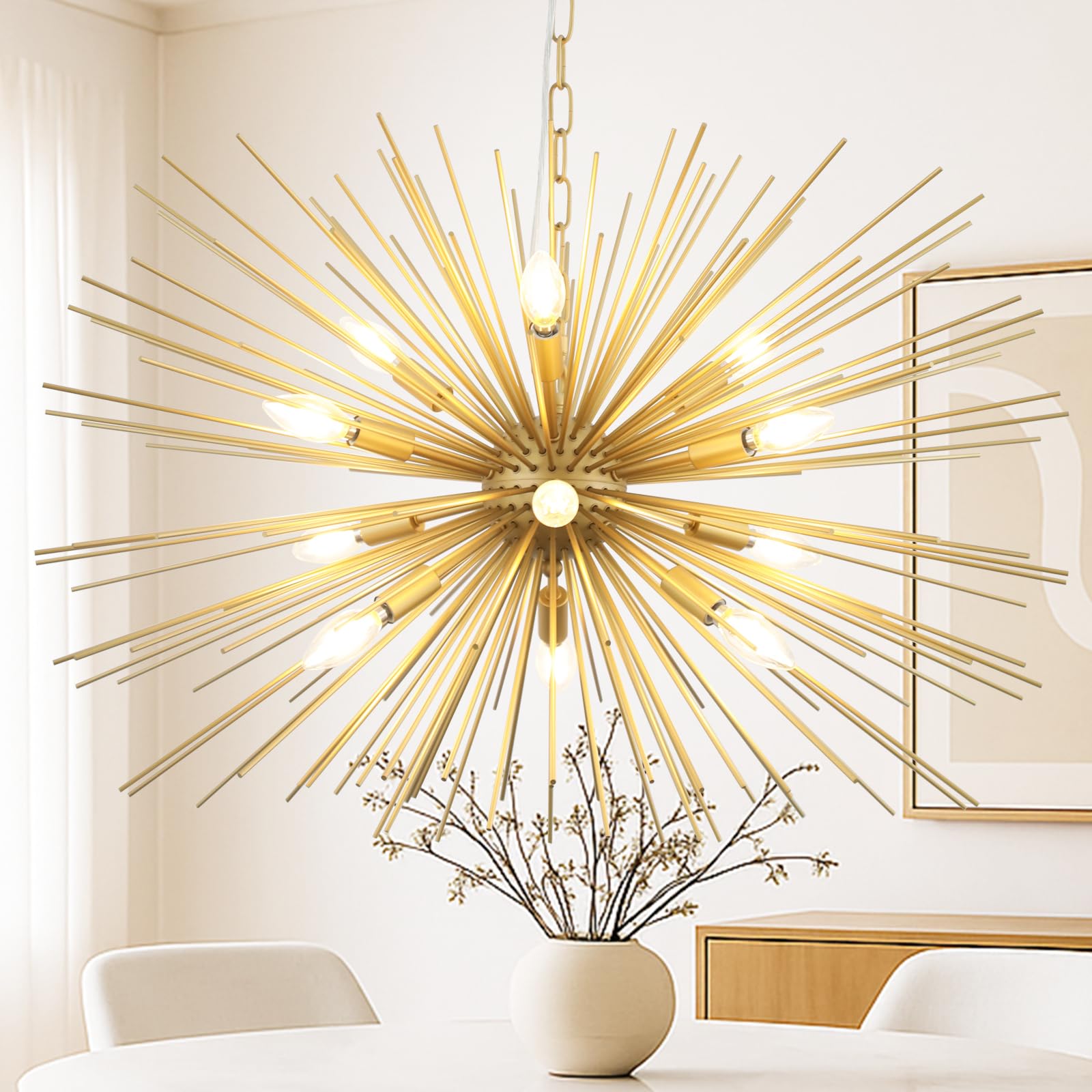 ZIRALIO Modern 33.8in Gold Sputnik Chandeliers 12-Light Mid-Century Starburst Chandelier Light Fixture Solid Metal Satellite Large Chandelier for High Ceiling Dining Room Living Room Foyer E12