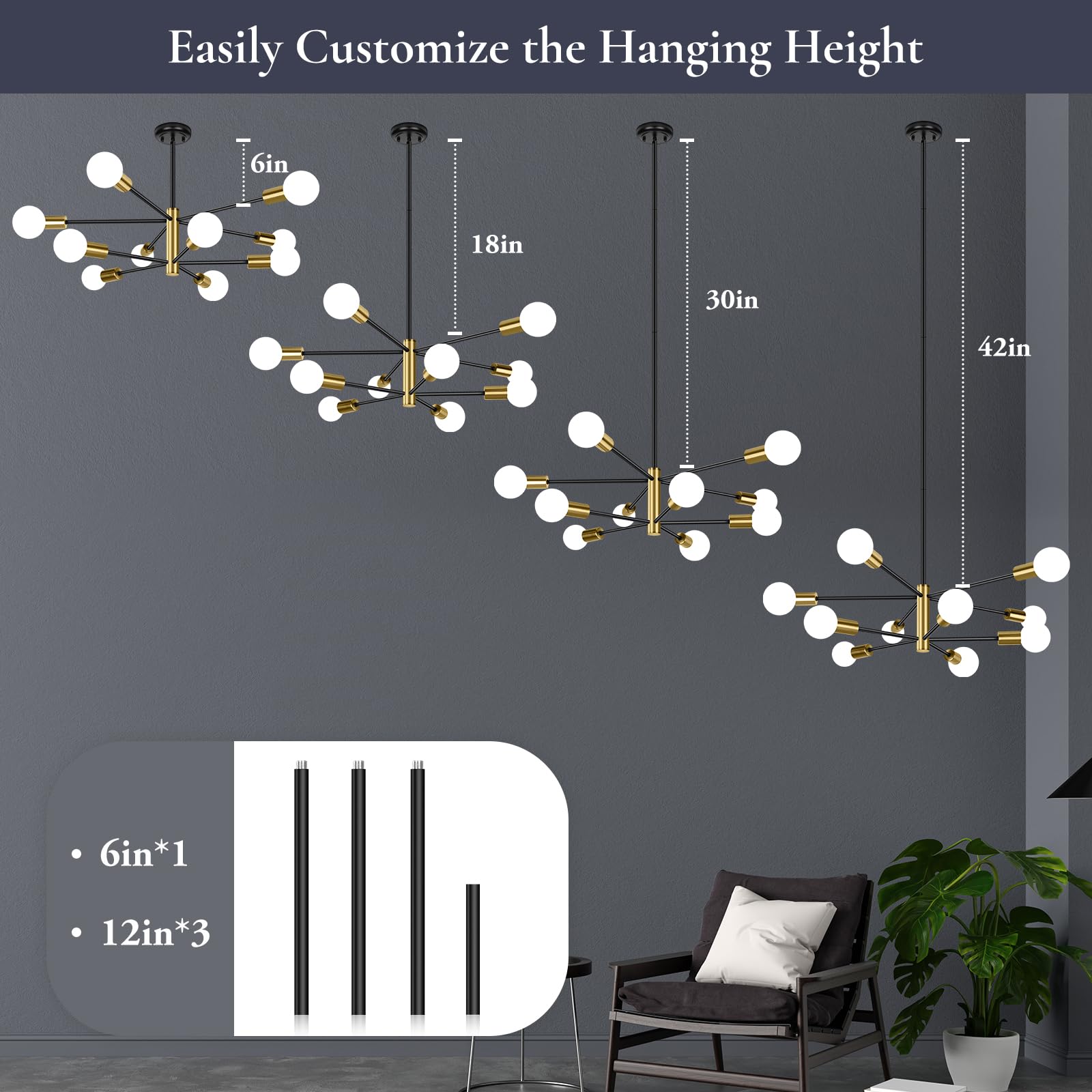 Beslowe 10-Light Modern Sputnik Chandelier, Mid Century Black & Gold Chandeliers Lighting, Farmhouse Ceiling Hanging Light Fixtu