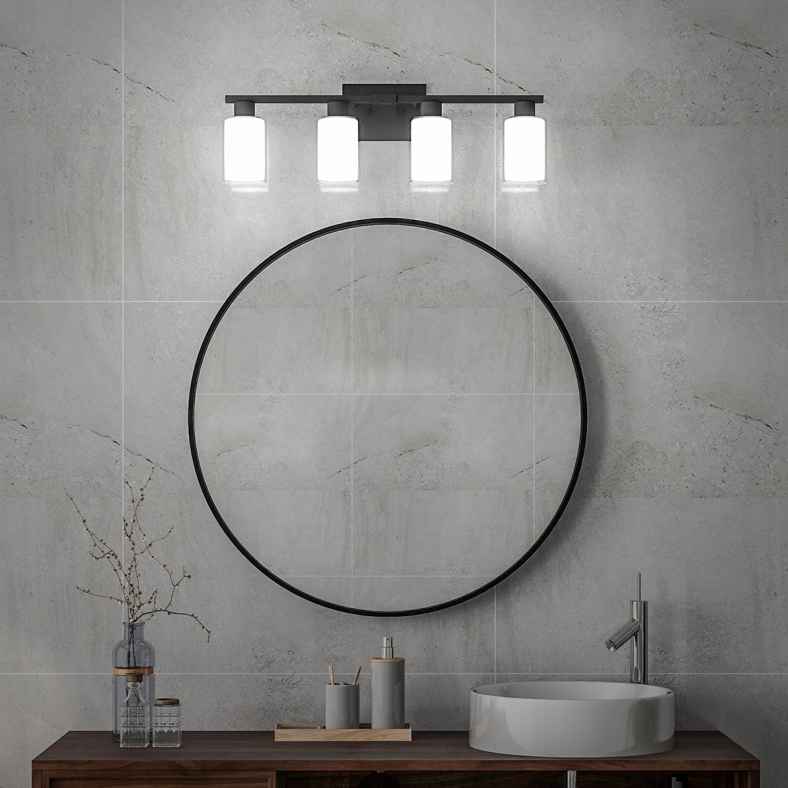 Black Bathroom Light Fixtures Over Mirror, 4 Lights Matte Black Vanity Lights, Modern Black Bathroom Vanity Lights With White Glass And Clear Glass Shades, Bath Wall Sconces Lighting For Living Room
