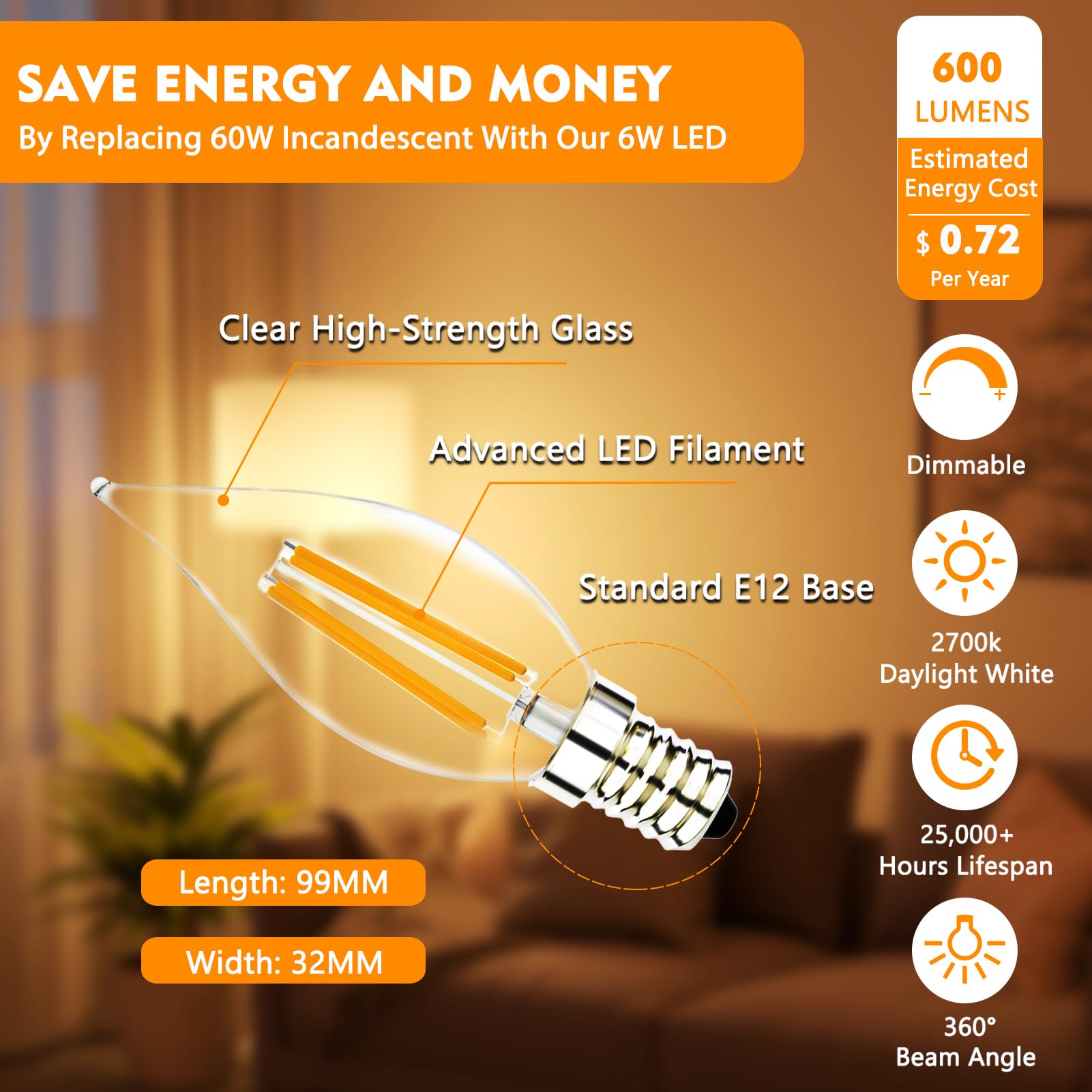Loniuto Led Light Bulbs 60 Watt Equivalent, 12 Pack Vintage Led Flame Tip Candelabra Bulb, E12 Led Bulb Dimmable 2700K Soft Warm
