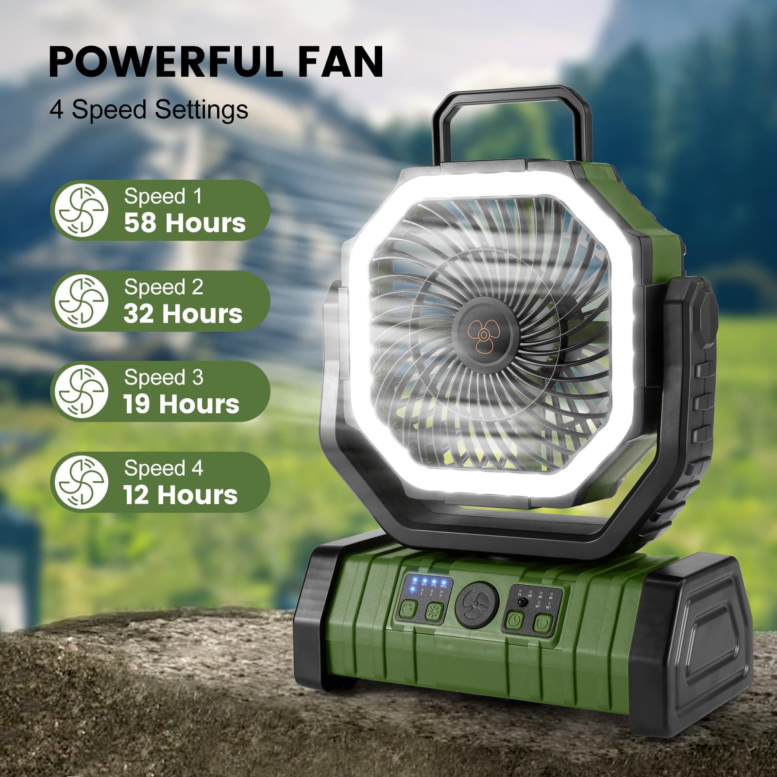 Odoland 30000mAh Camping Fan with LED Lantern, Oscillating, Remote, 11.2x8.7x4.3 inches, Green, Model OD0671G-