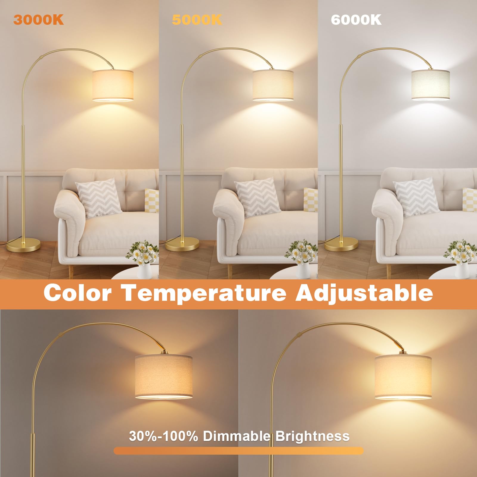 Ambimall Dimmable Arc Floor Lamp with Remote, Metal, 70.66in H x 27.95in W x 11in D, Deep Beige and Gold