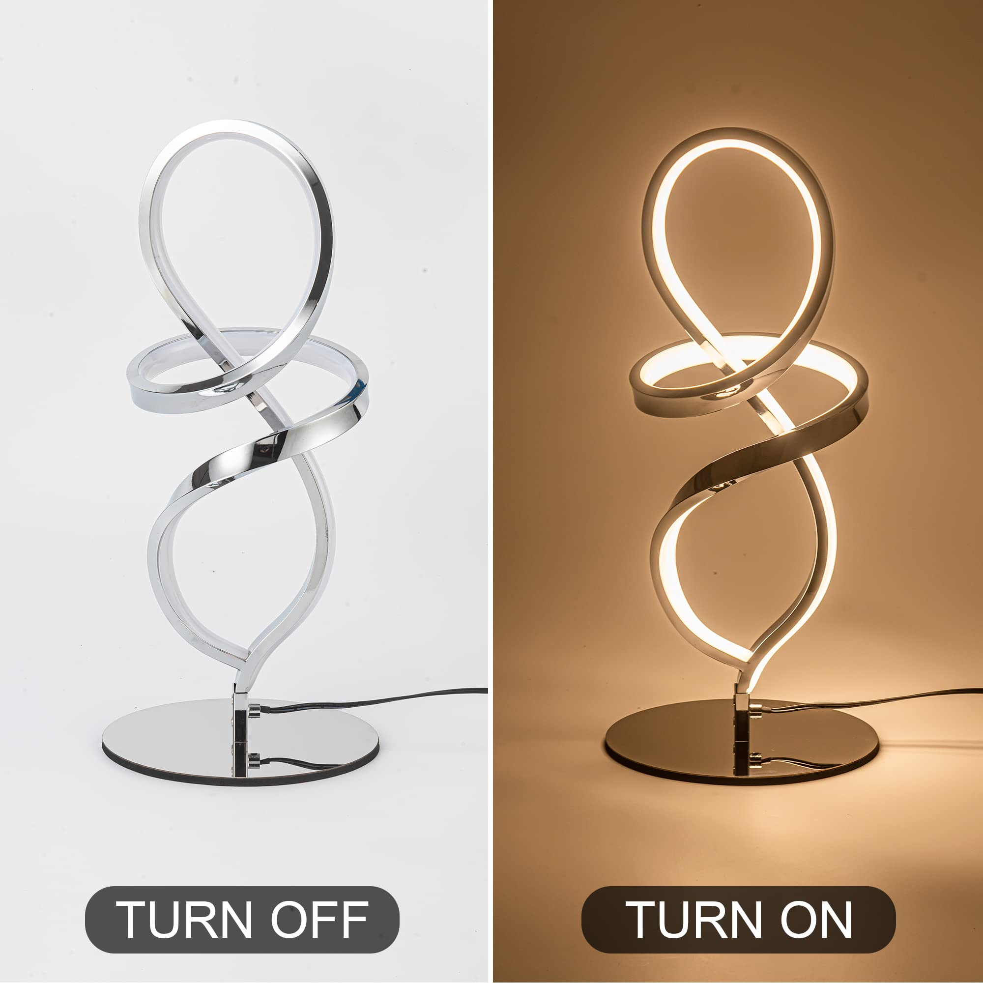 Mayful LED Spiral Table Lamp, Stepless Dimming, Chrome, 12W, 3200K Warm White, Modern Bedside Lamp for Bedroom & Living Room, Model 6606-1