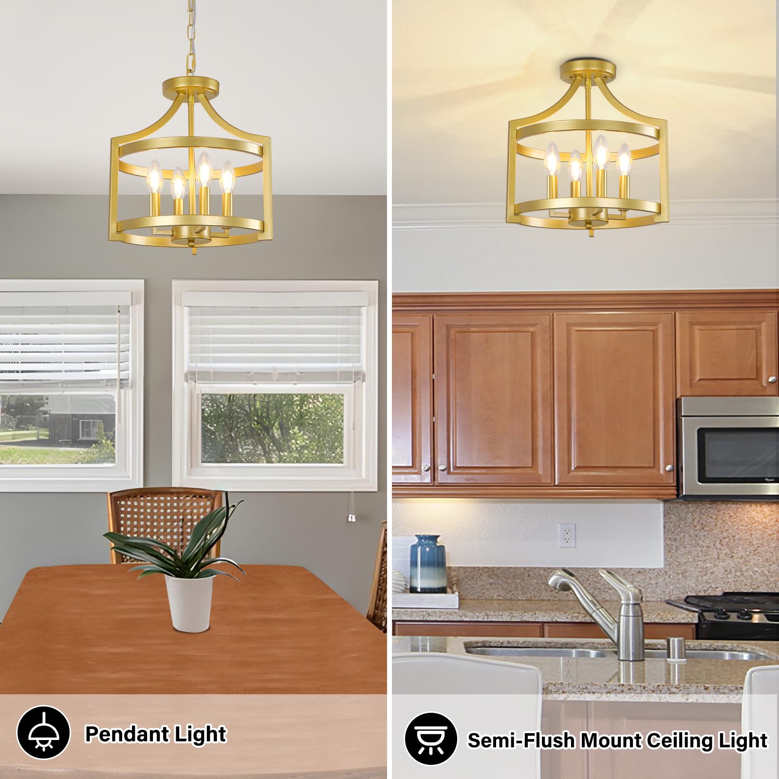 Wbindx 4-Light Gold Chandelier, Farmhouse Hanging Pendant Lighting, Convertible Semi Flush Mount Ceiling Light Fixture Industrial Small Cage Chandeliers For Dining Room Kitchen Foyer Entryway
