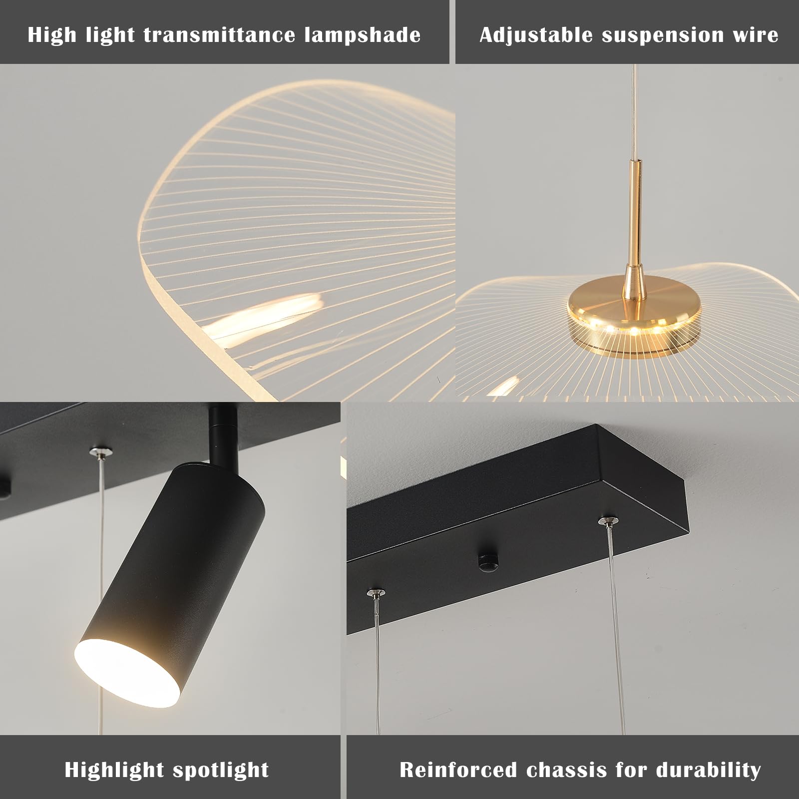 Siittoo 40in Modern Dimmable LED Chandelier, Adjustable Height, 6-Light Acrylic Pendant Light, Transparent/Black Petal, Remote Control