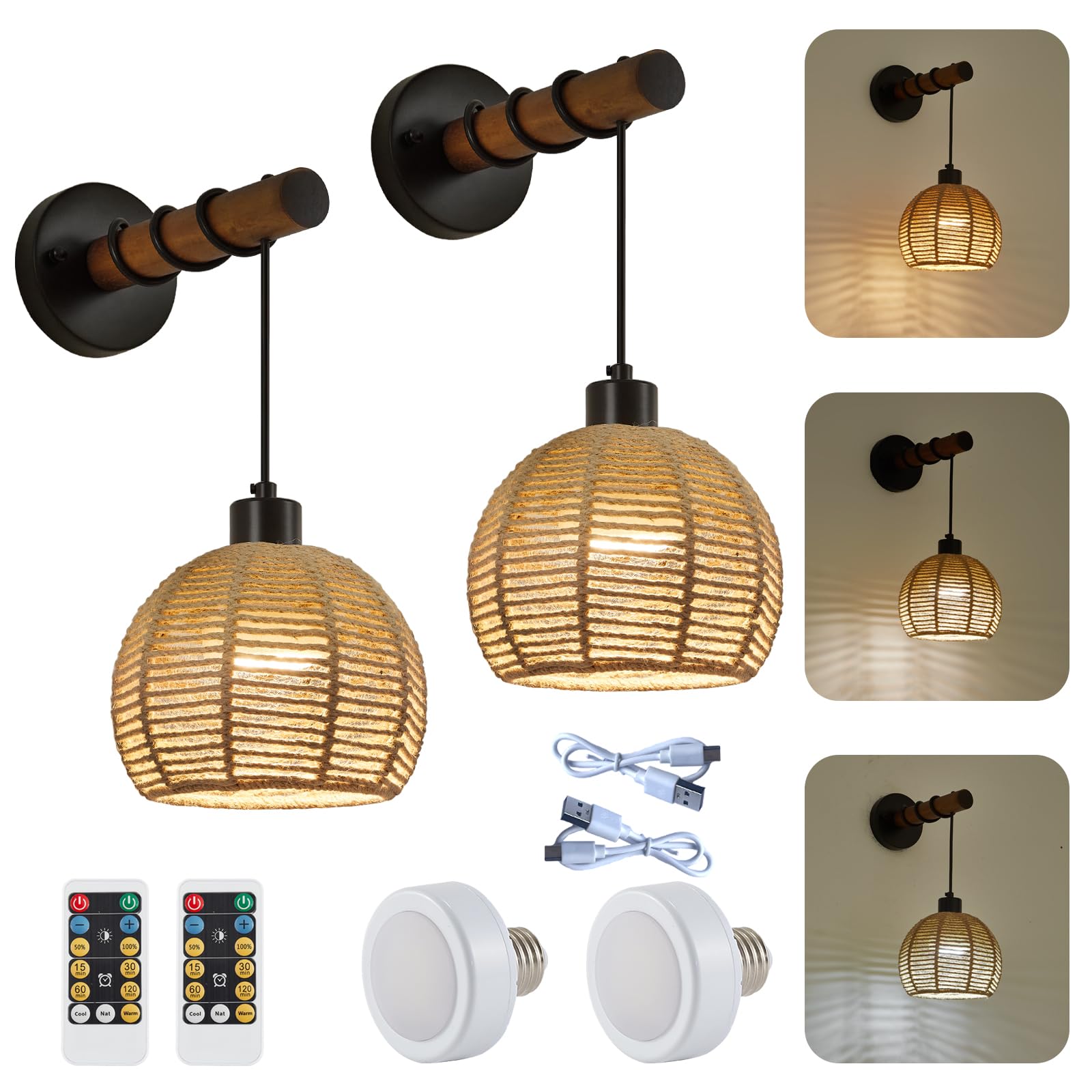SGLfarmty Battery Operated Wall Sconces Set of 2, Dimmable Hemp Rope & Wooden Arm, Rechargeable, Remote Control, Farmhouse Style