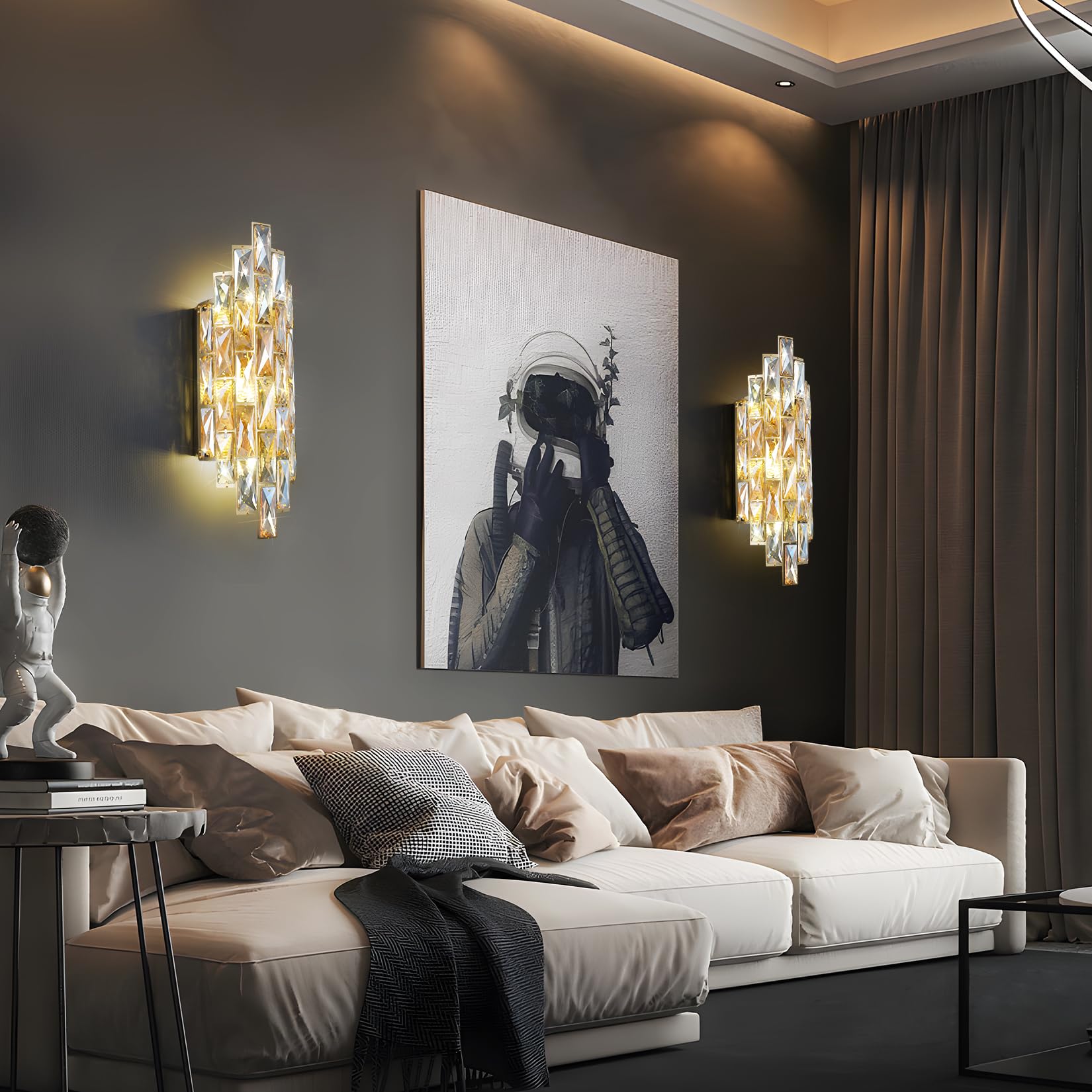 Kaiyuan Modern Crystal Wall Sconces - Gold Indoor Light Fixtures for Living Room, Bedroom, Bathroom, Hallway
