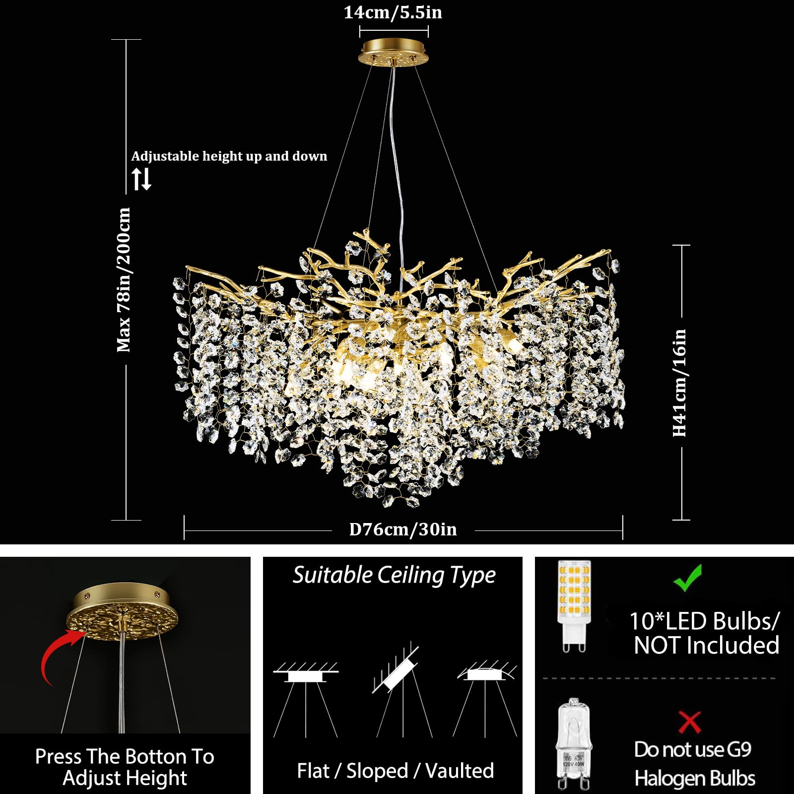 Modern Gold Crystal Chandelier For Dining Room, Tree Branches Chandelier For Living Room Bedroom Bathroom Kitchen Foyer, 30'' Ro