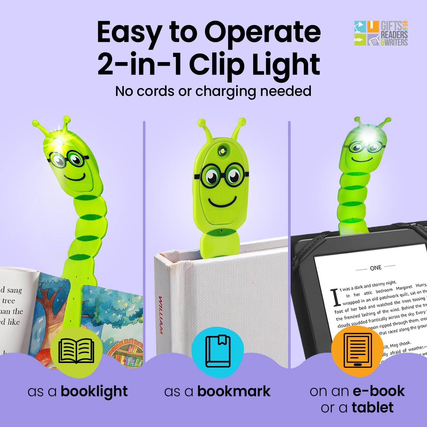 Gifts for Readers & Writers Flexilight Pal Bookmark Light - LED Clip-On, Battery Operated, Silicone Rubber, Bookworm Green, Model 1