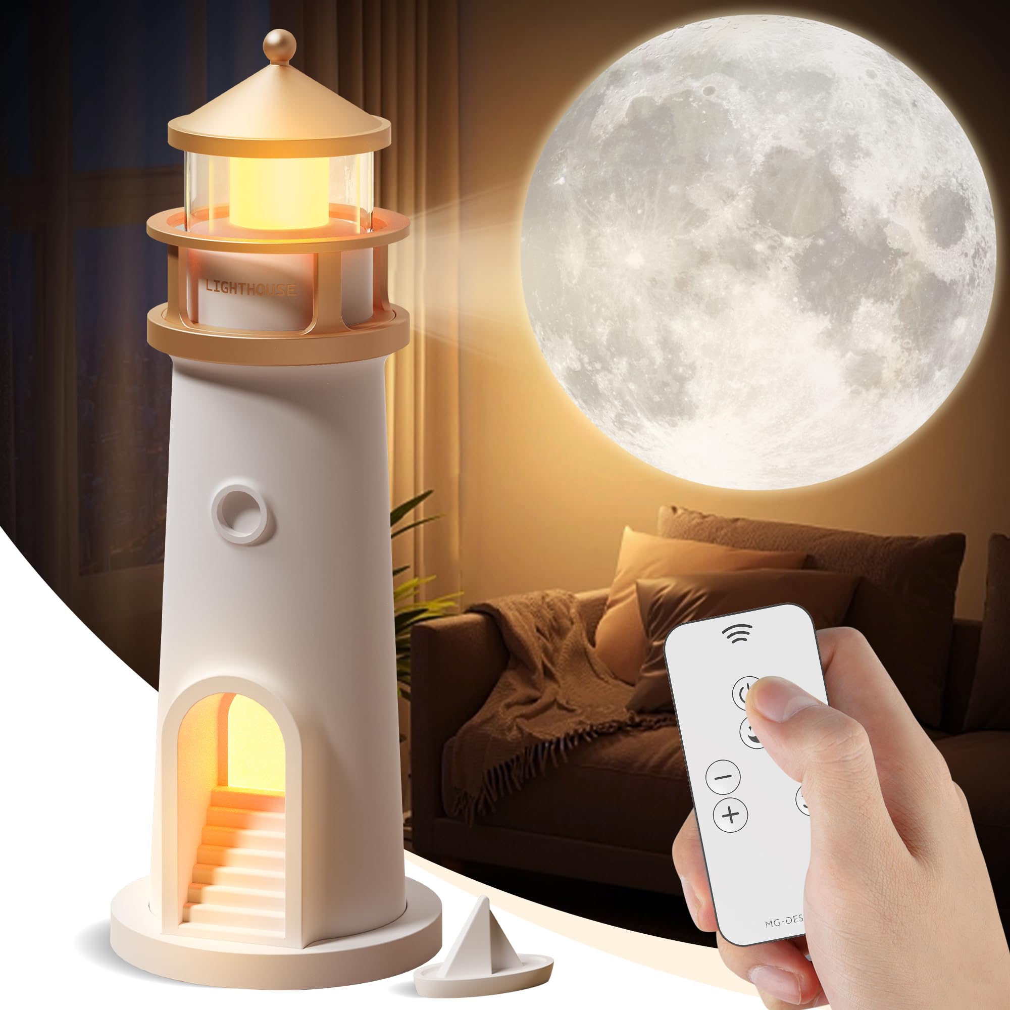 Moon Lamp Projector Night Light for Kids,Lighthouse Decor Lamps with Remote Control,LED Aesthetic Table Lamp,Rechargeable Moon L