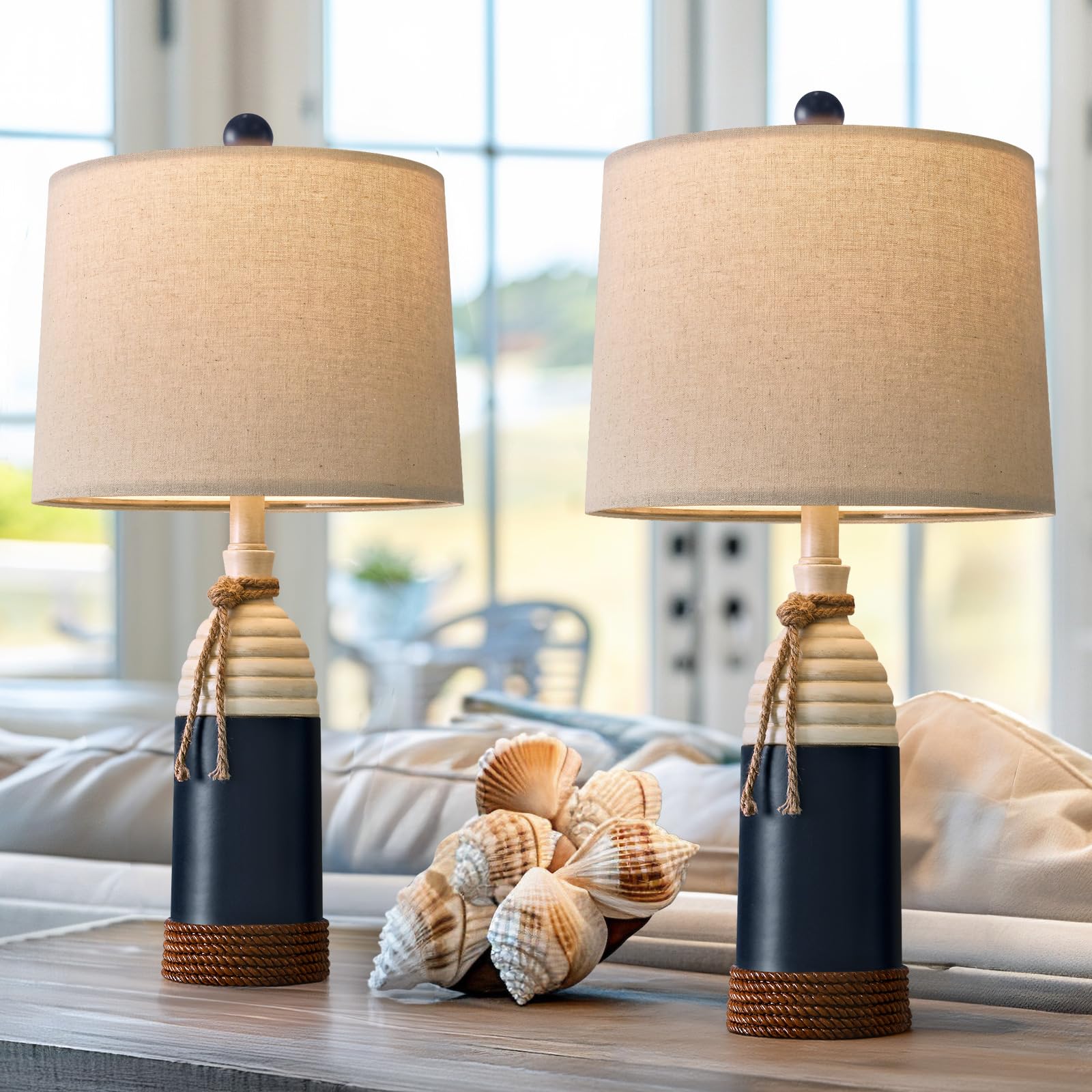 Oyears Set Of 2 Navy Blue Resin Table Lamps - Coastal Nautical Nightstand Lighting
