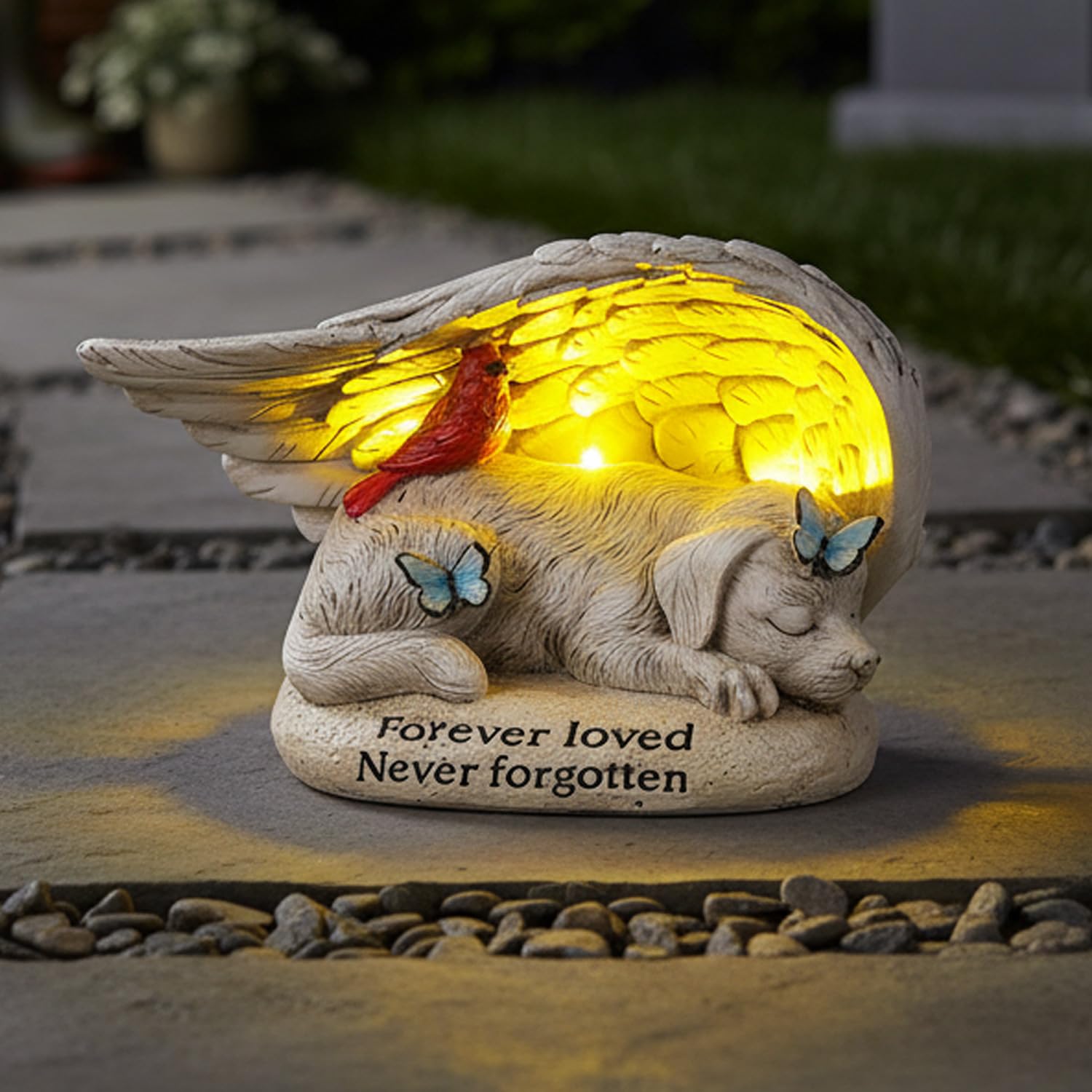 Dog Memorial Stone with Solar Lights Angel Wings Cardinal Butterfly 8 Inch, Pet Grave Markers Sleeping Statue Pet Loss Sympathy 