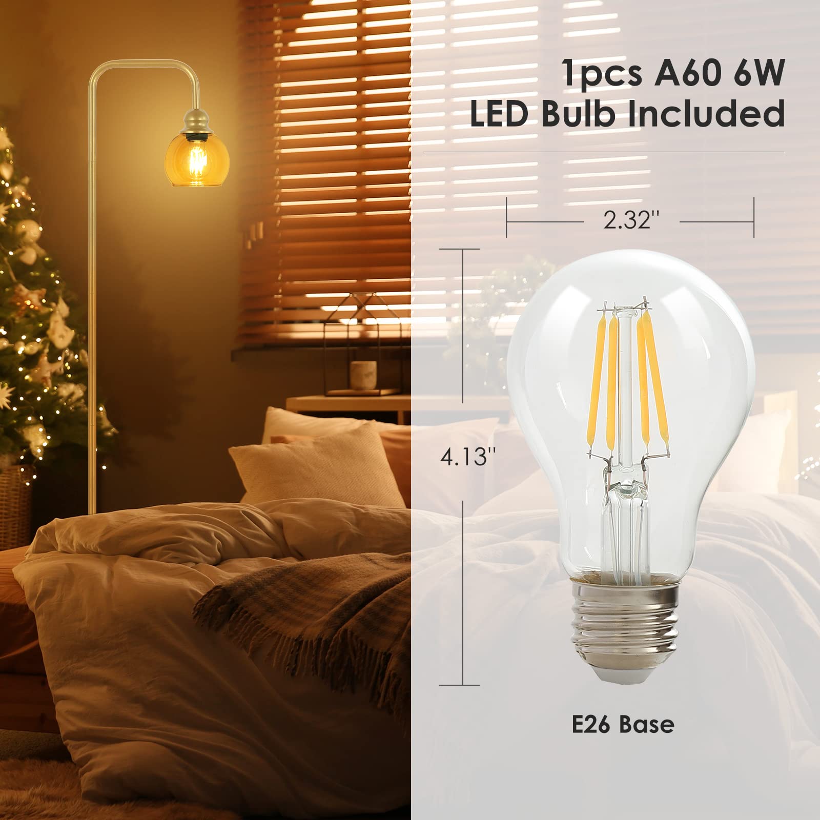 Modern Floor Lamp For Living Room With 6W Led Bulb, Industrial Floor Lamp, Amber Glass, Classic Reading Tall Lamp For Home Offic