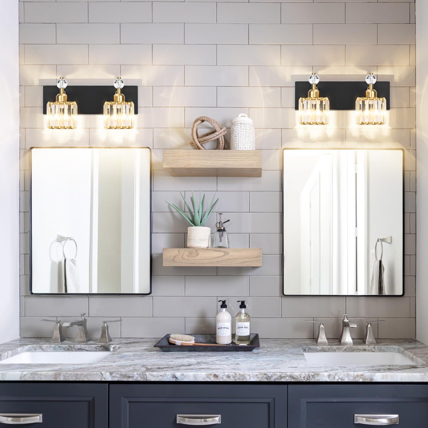 PRESDE Bathroom Vanity Light 2-Lights Stainless Steel Black and Gold Square Model PRESDE-2L-BW-K9-GLD-1