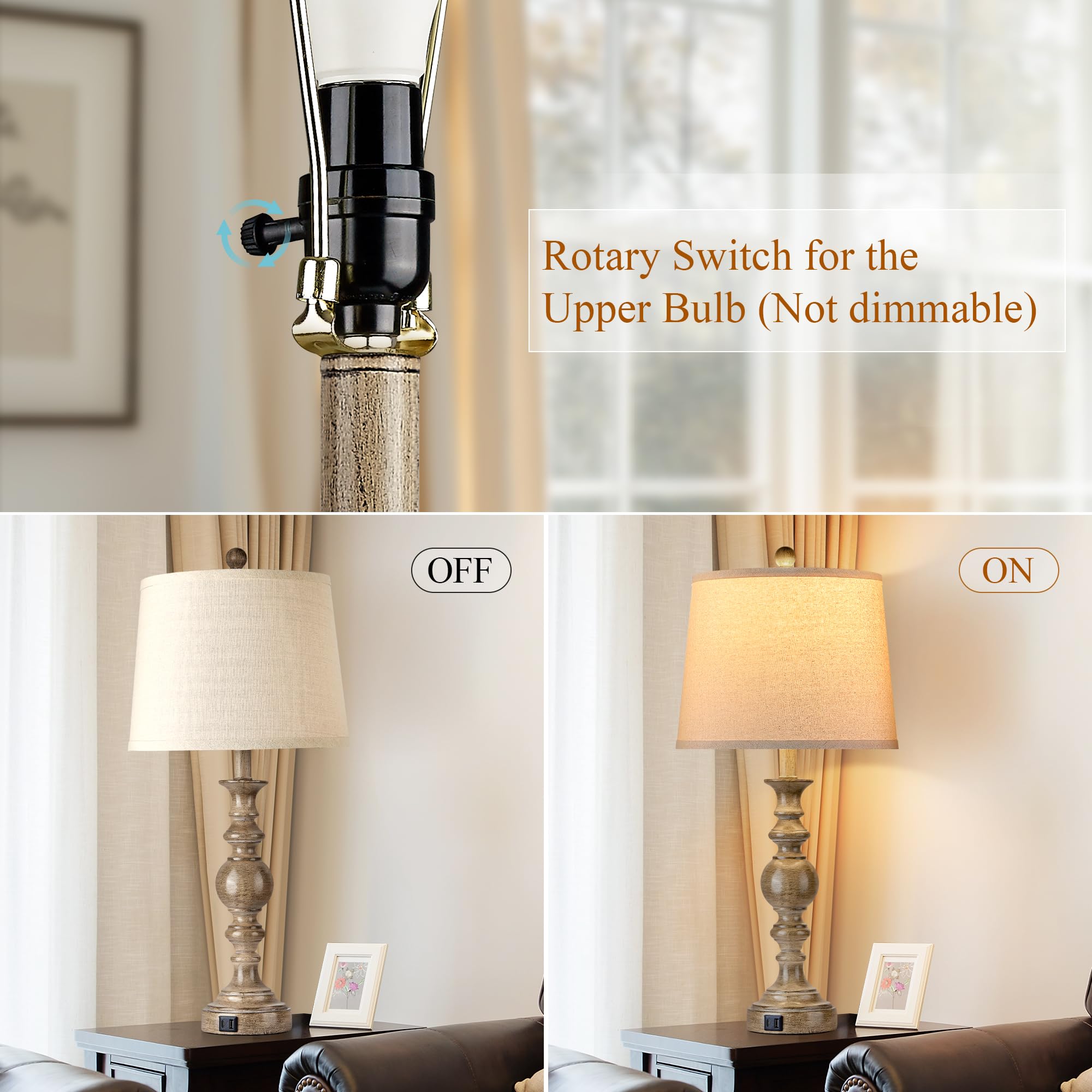 Srjjrs Farmhouse Table Lamps For Living Room Set Of 2, Rustic Table Lamp With Usb Ports, 28'' Tall Table Lamps For Bedroom Night