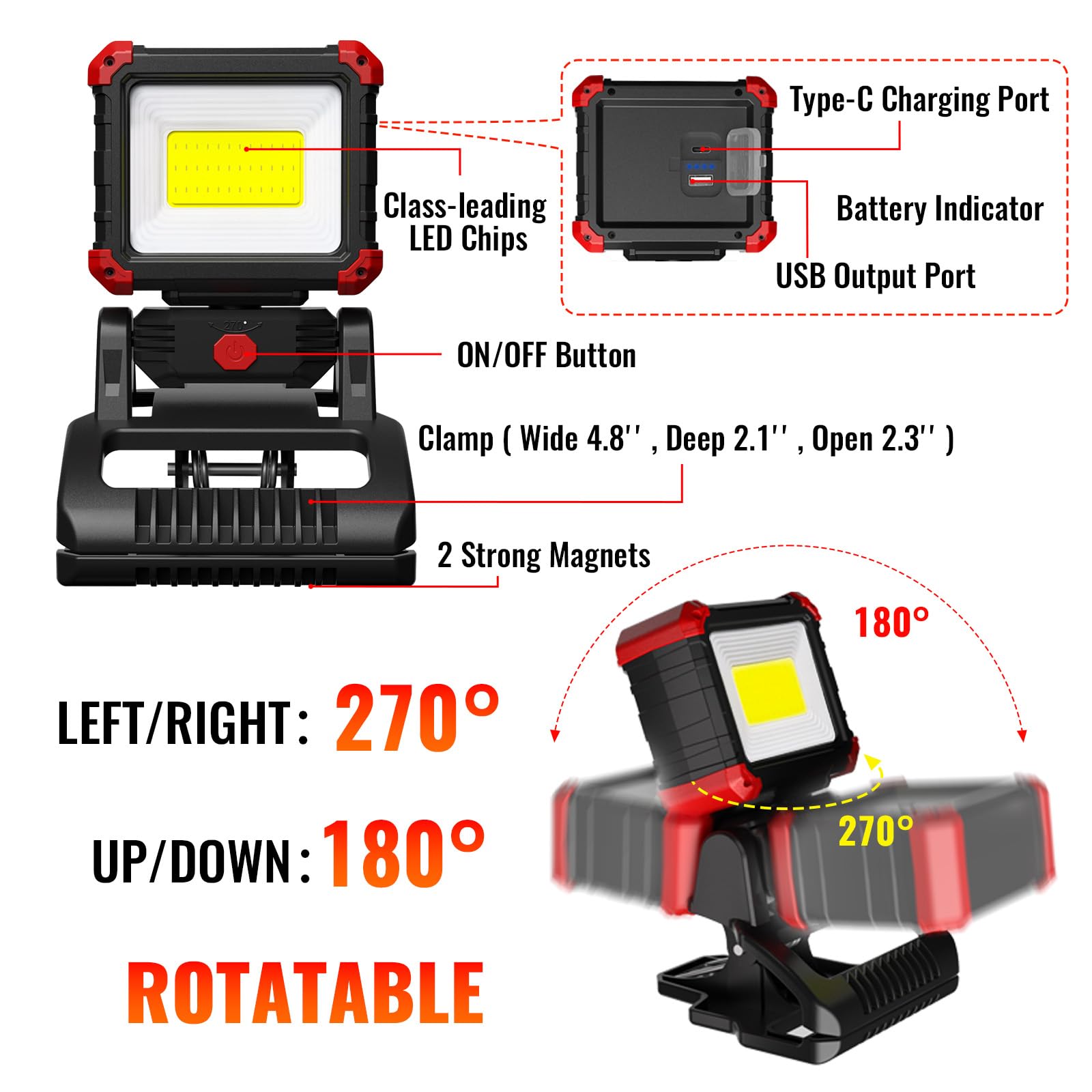 Easymaxx Led Rechargeable Work Light With Clamp, 2100Lm Cob Magnetic Clip On Worklight 270° Rotating With Mobile Charger, Portable Clamp Work Light For Boats, Car Repairing, Job Site Lighting(2Pack)