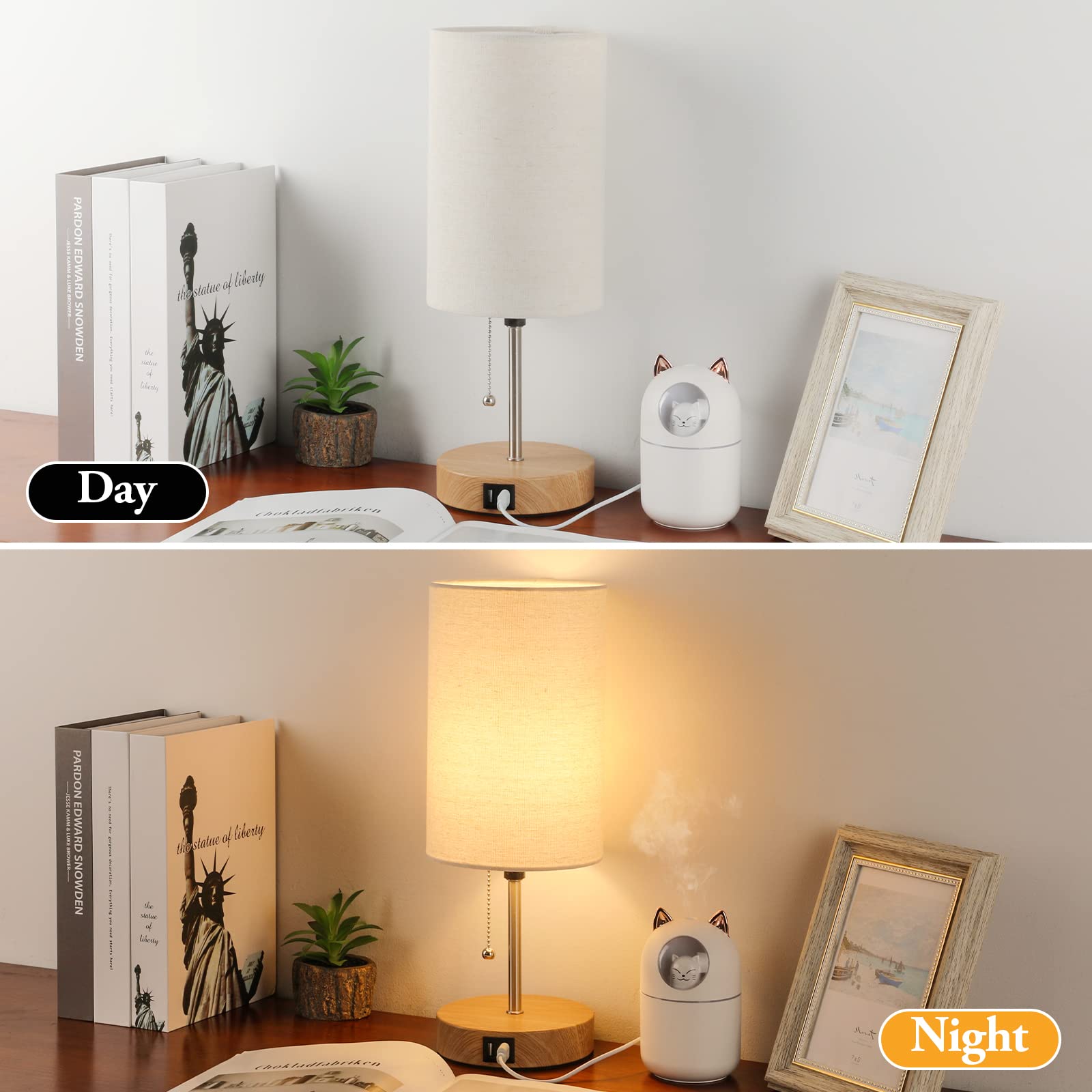 Lakumu Set of 2 Table Lamps with USB Ports, Cream Shade, Wood Base, Model ST0011