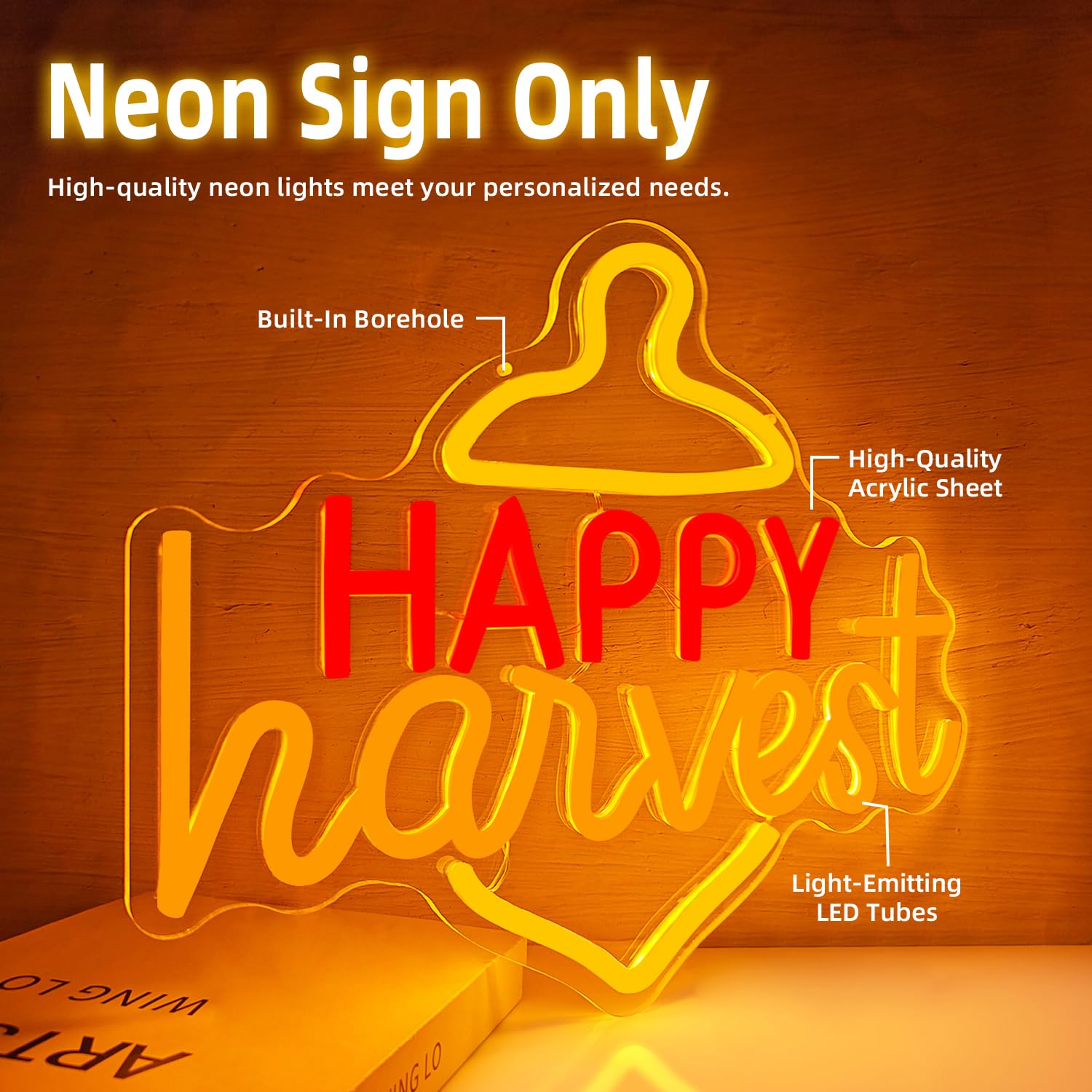 Jeanchrl Happy Harvest Neon Sign For Home Wall Dimmable Fall Light Sign For Home Decor Thanksgiving Decor Neon Wall Art For Bedroom Living Room Yellow Pinecone Led Sign For Party Gift