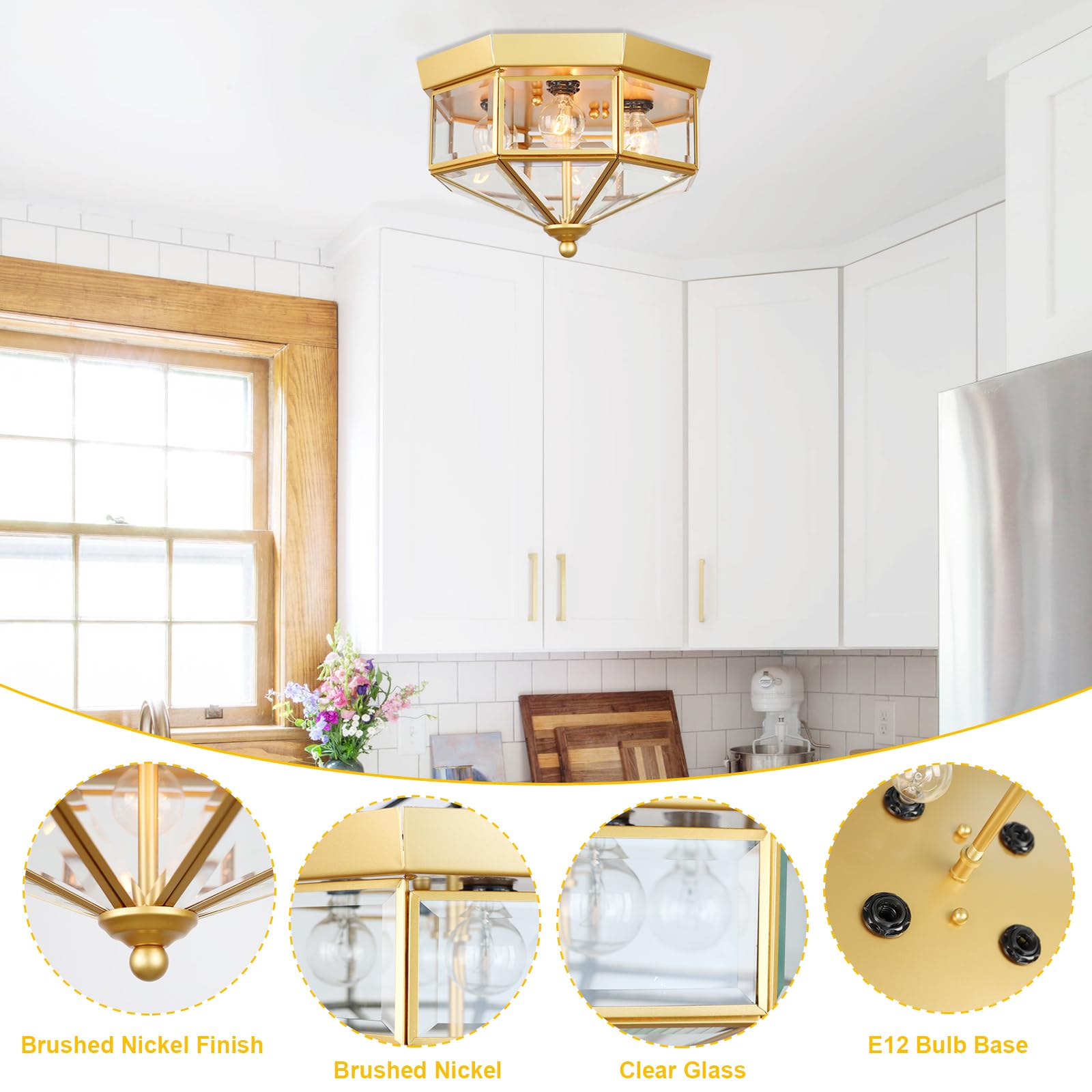 Flush Mount Outdoor Ceiling Light Fixture, 4 Light Exterior Porch Ceiling Lights With Clear Glass, Gold Farmhouse Lighting For I