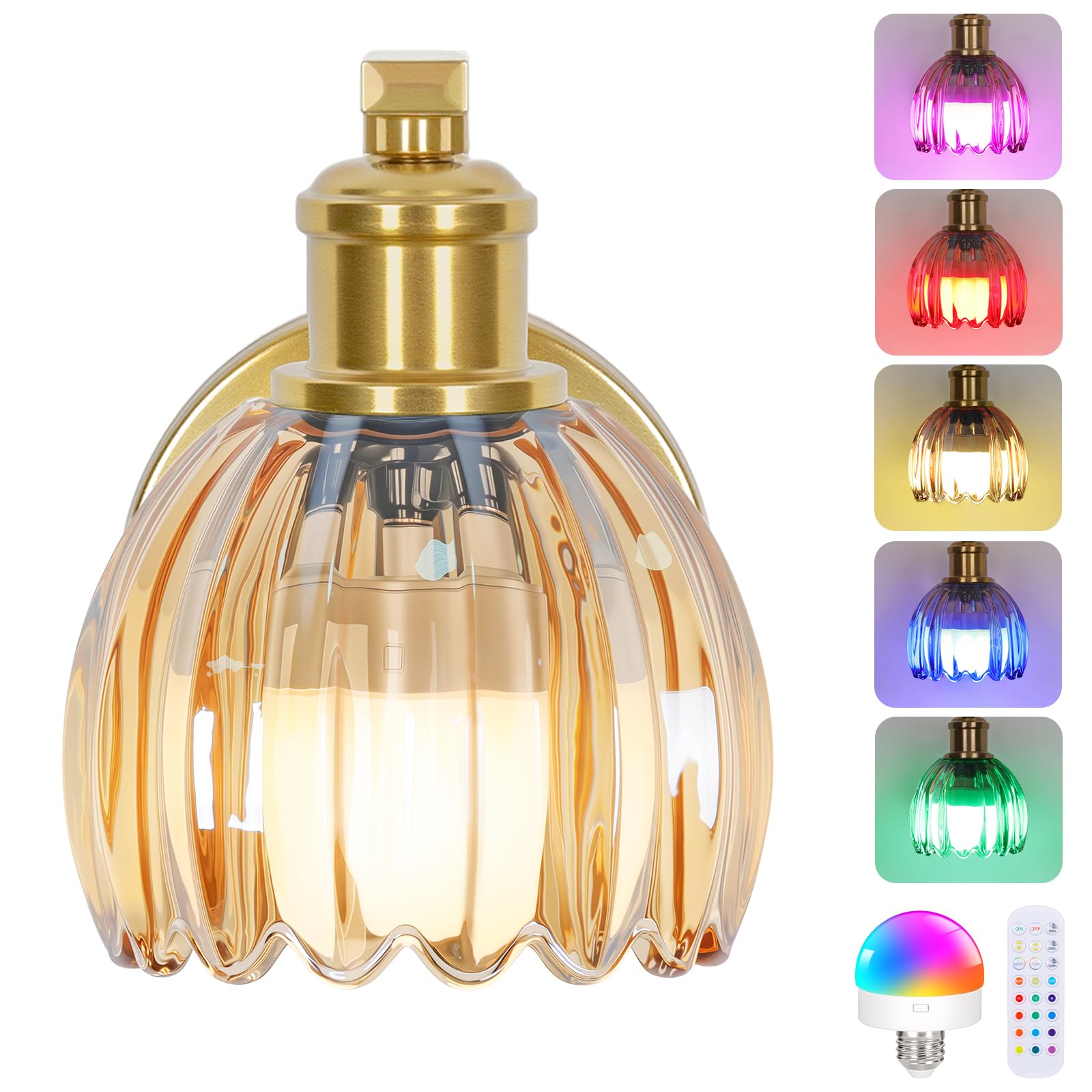 VerRon Wall Sconce, Rechargeable Battery Operated, Amber Glass, Wireless with Remote Control, 1-Pack, Gold, Model B05092P