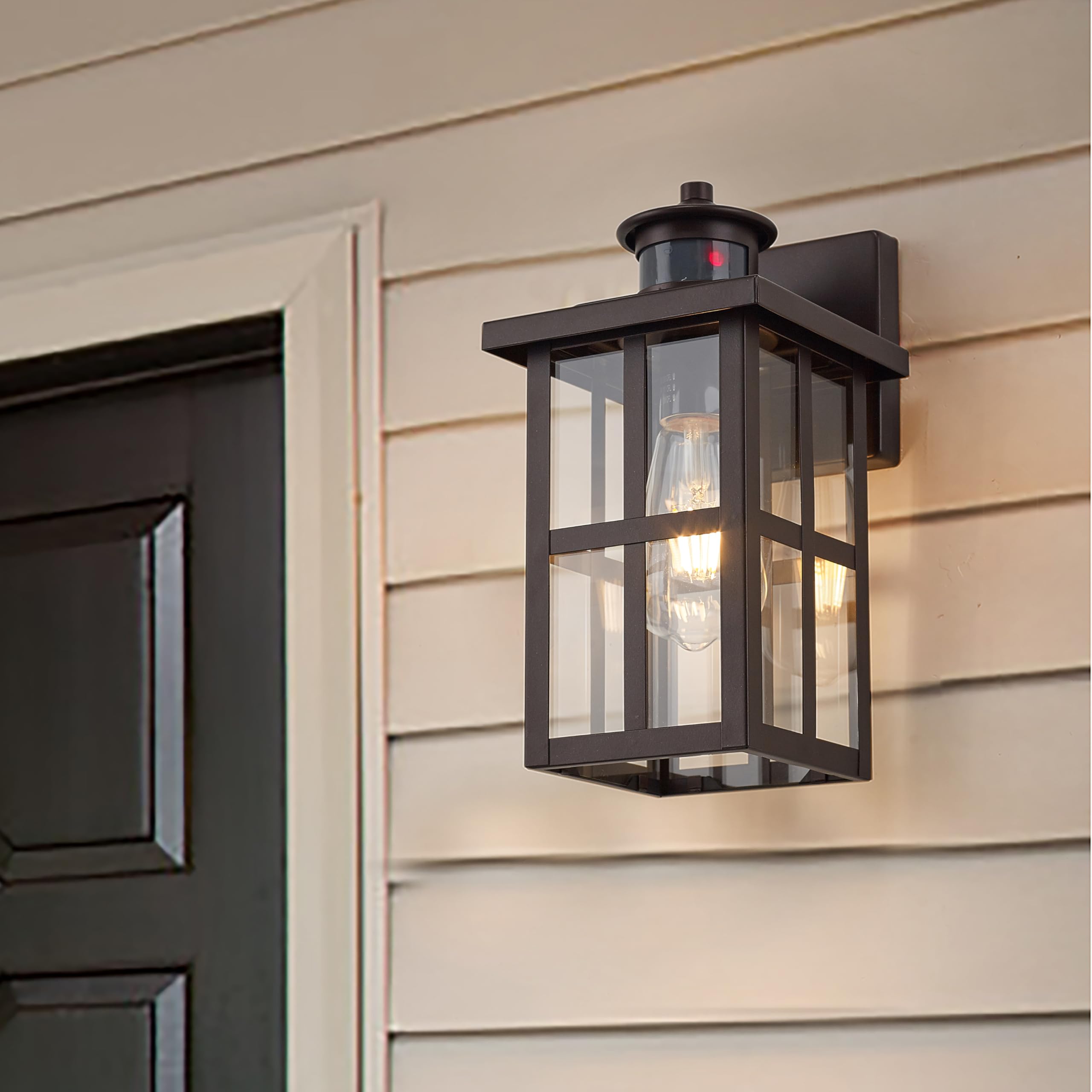 Micsiu Bronze Motion Sensor Exterior Light Fixture, 11.75 Inch Dusk To Dawn Outdoor Wall Sconce, Clear Glass Outdoor Lantern Lig