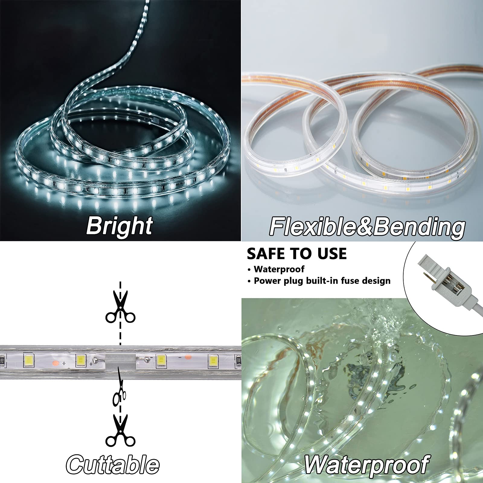 SURNIE 150ft LED Rope Lights - Waterproof Daylight White Dimmable Flat Strip for Indoor/Outdoor Use, Cuttable & Connectable