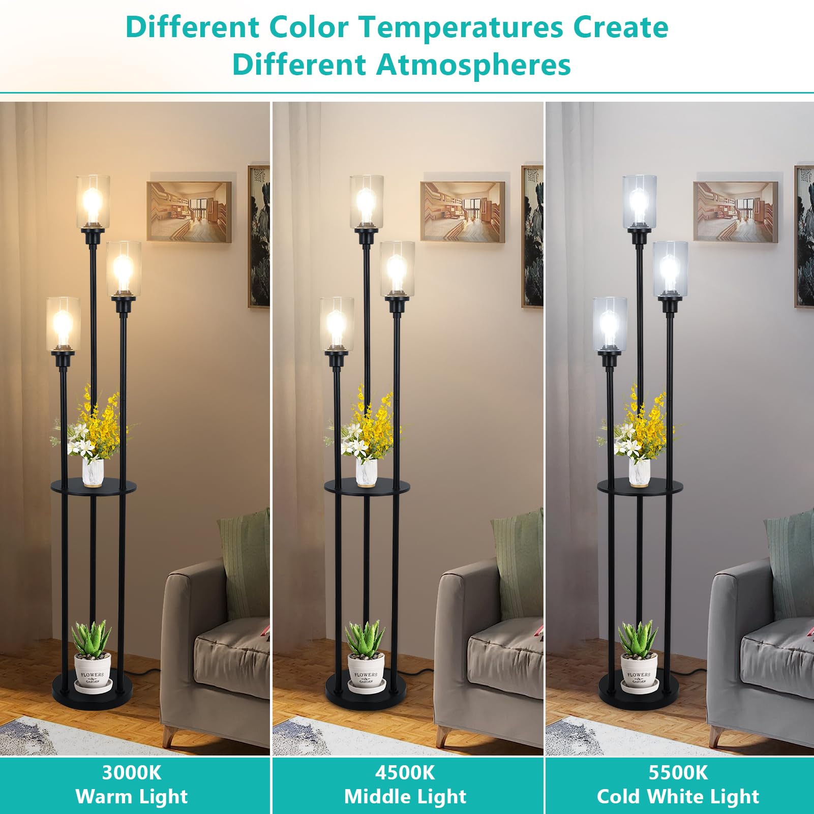 Hmvpl Floor Lamps For Living Room, 3-Lights Modern Floor Lamp With Shelves, Farmhouse Standing Lamp With Glass Shades, On/Off Fo