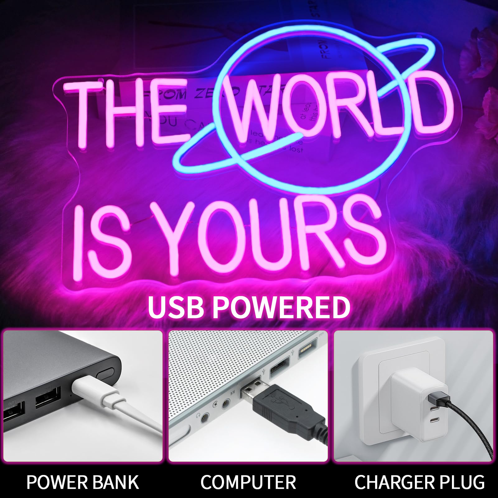 Virlusy Neon Sign for Wall Decor, Dimmable LED Lights, Acrylic, Pink Blue, Model YL-The World is Yours, Letter Size