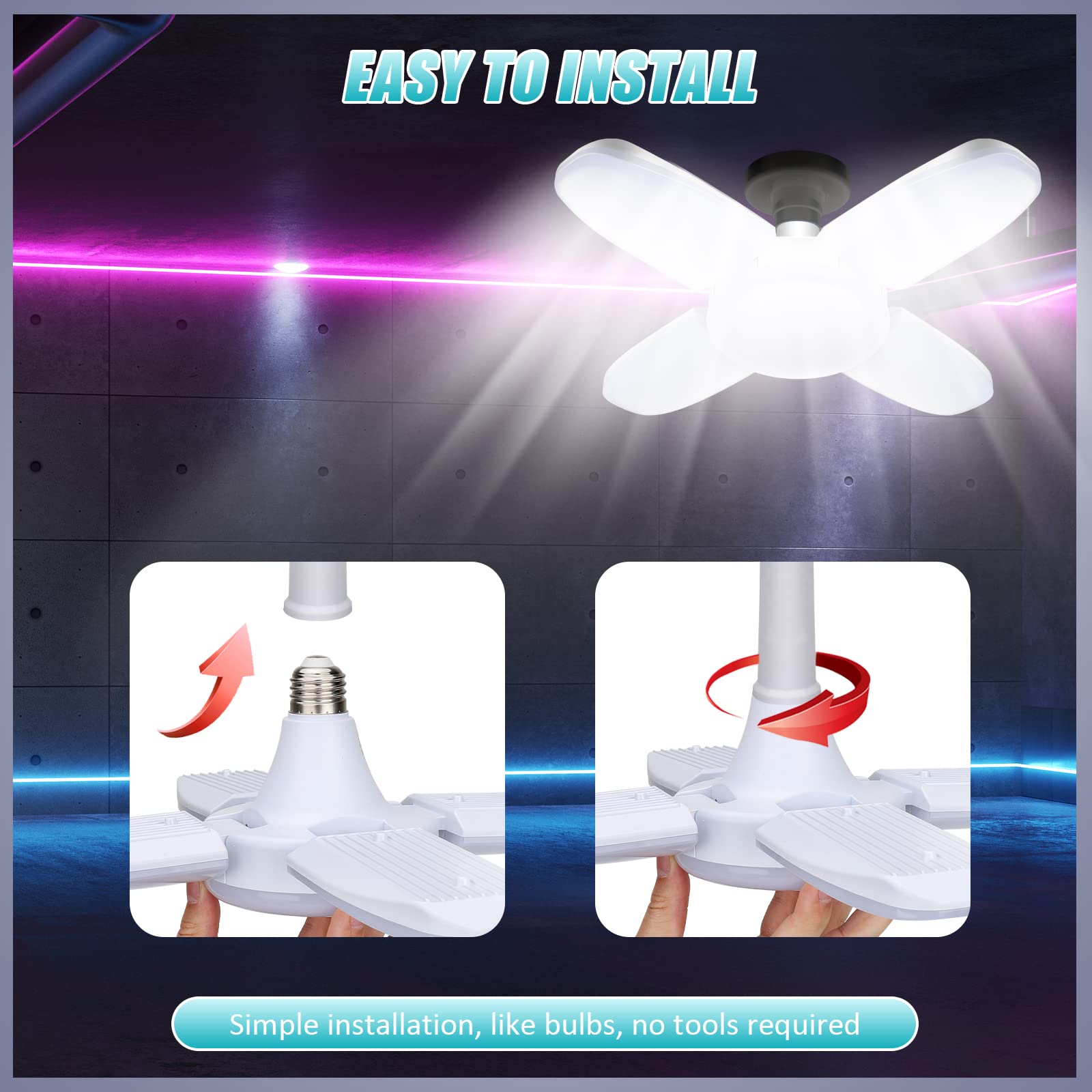 TUODAW LED Garage Lights 2 Pack, New Upgrade 80W Deformable Shop Lights with 4 Adjustable Panels, E26/E27 LED Ceiling Light, 800