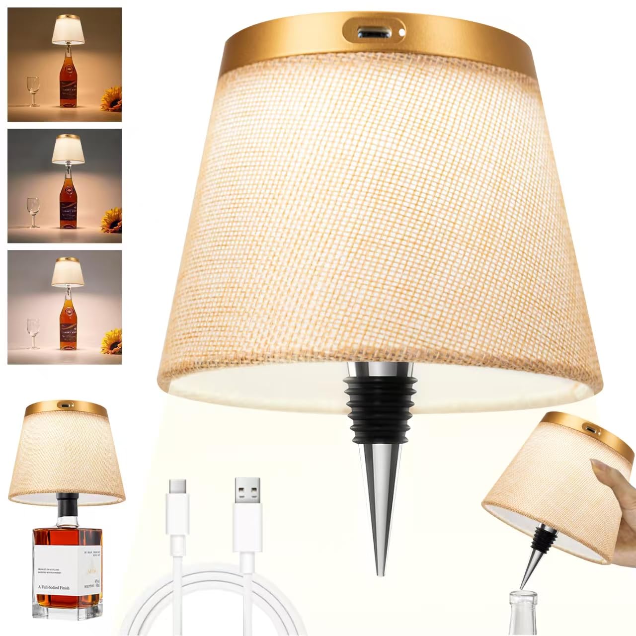 Hoide 2025 New Bottle Lamp - LED Bottle Lights for Beverage & Beverage Bottles  Cordless Lampshade  Whiskey Bottle Top Light  Bottle Stopper Night Light Kit  Rechargeable 3-Tone Touch-Dimmable