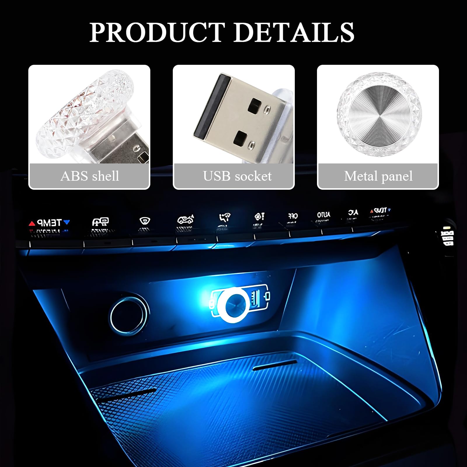 Hovom 4Pcs Usb Led Car Interior Atmosphere Lamp  Portable Mini Car Led Night Light Decoration  Plug-In Usb Automotive Ambient Lighting Kit  Universal For Cars Suvs Trucks Rvs (Ice Blue)