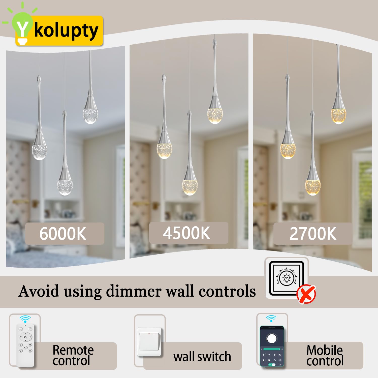 Ykolupty Single Head Silver Bubble Crystal Chandelier Modern Led Pendant Lights For Kitchen Island Dimmable 3000-6000K(3 Indepen
