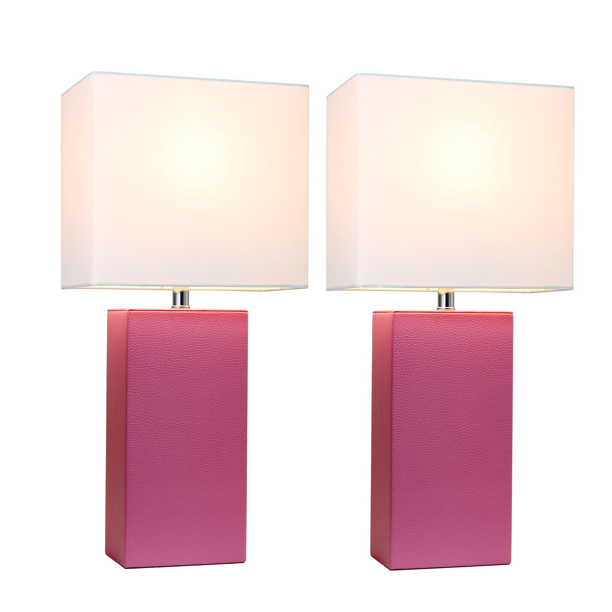 Elegant Designs Lc2000-Hpk-2Pk 2 Pack Modern Leather Table Lamps With White Fabric Shades, Hot Pink