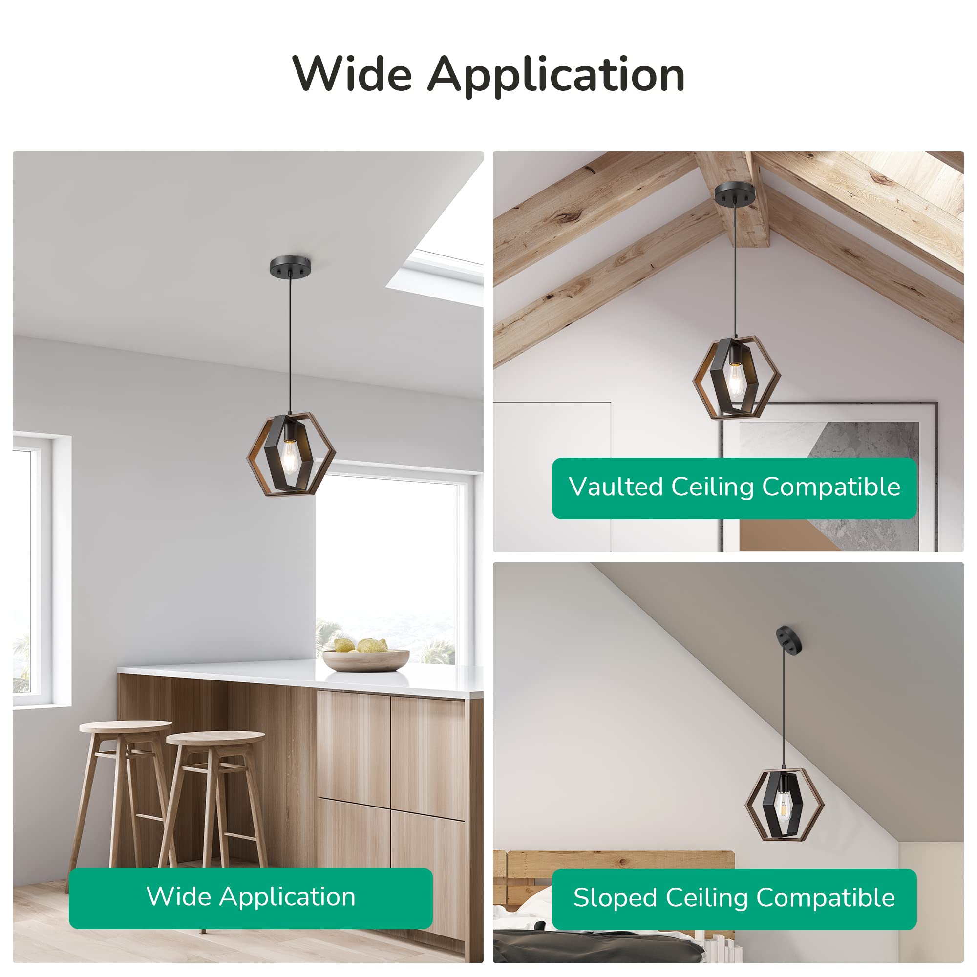 EDISHINE Pendant Lights for Kitchen Island, Farmhouse Hanging Light Fixture with Wood Grain and Black Finish, Adjustable Height