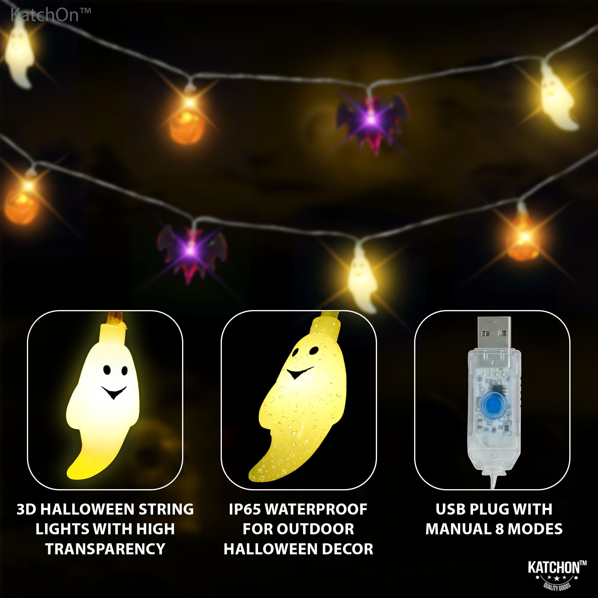 KatchOn Halloween String Lights - 30 LED, 20 Feet, Bat and Ghost, Plastic Decor for Outdoor Yard and Golf Cart