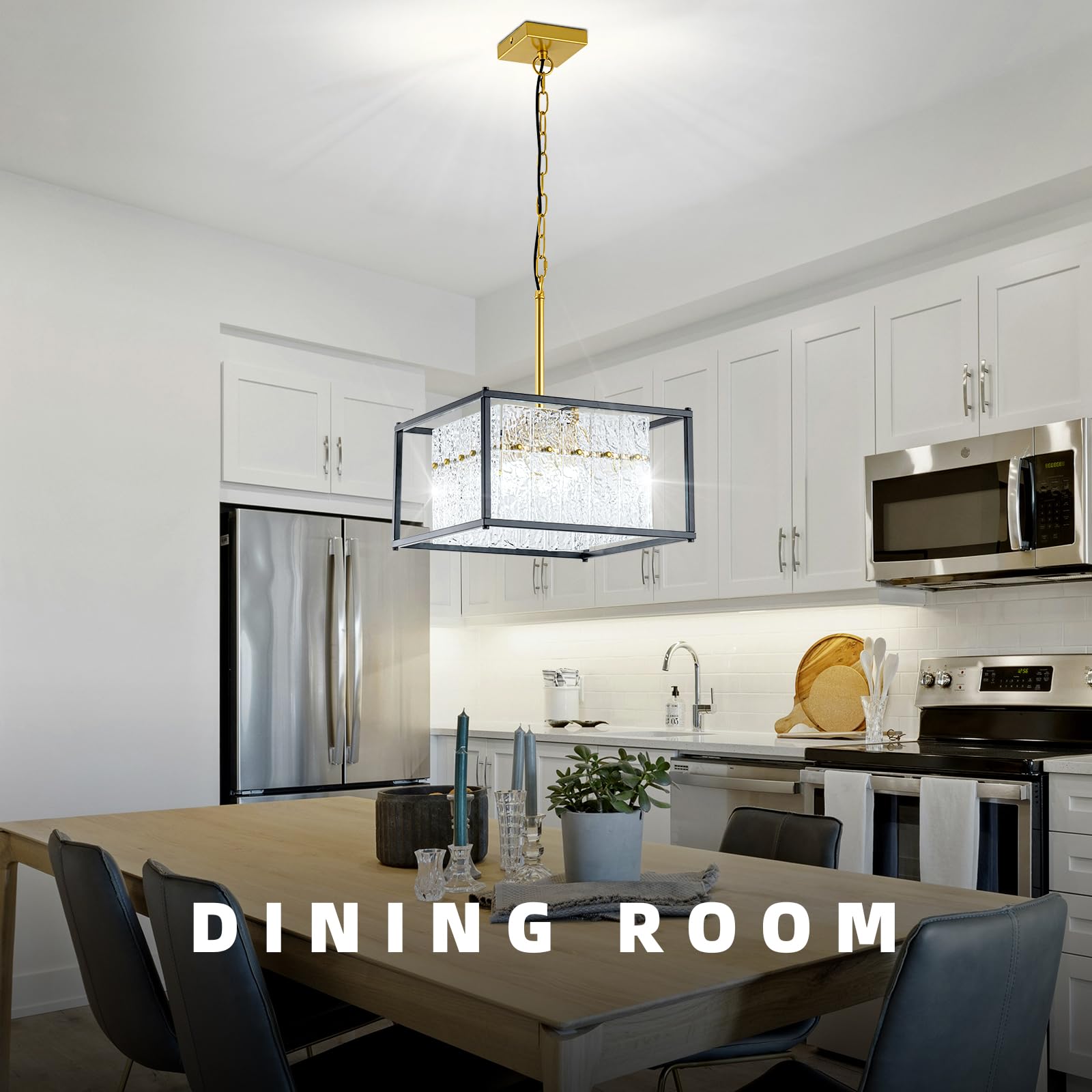 4-Light Modern Square Pendant Light Fixture, Black And Gold Crystal Chandelier With Water Ripple Glass Shades, Farmhouse Adjusta