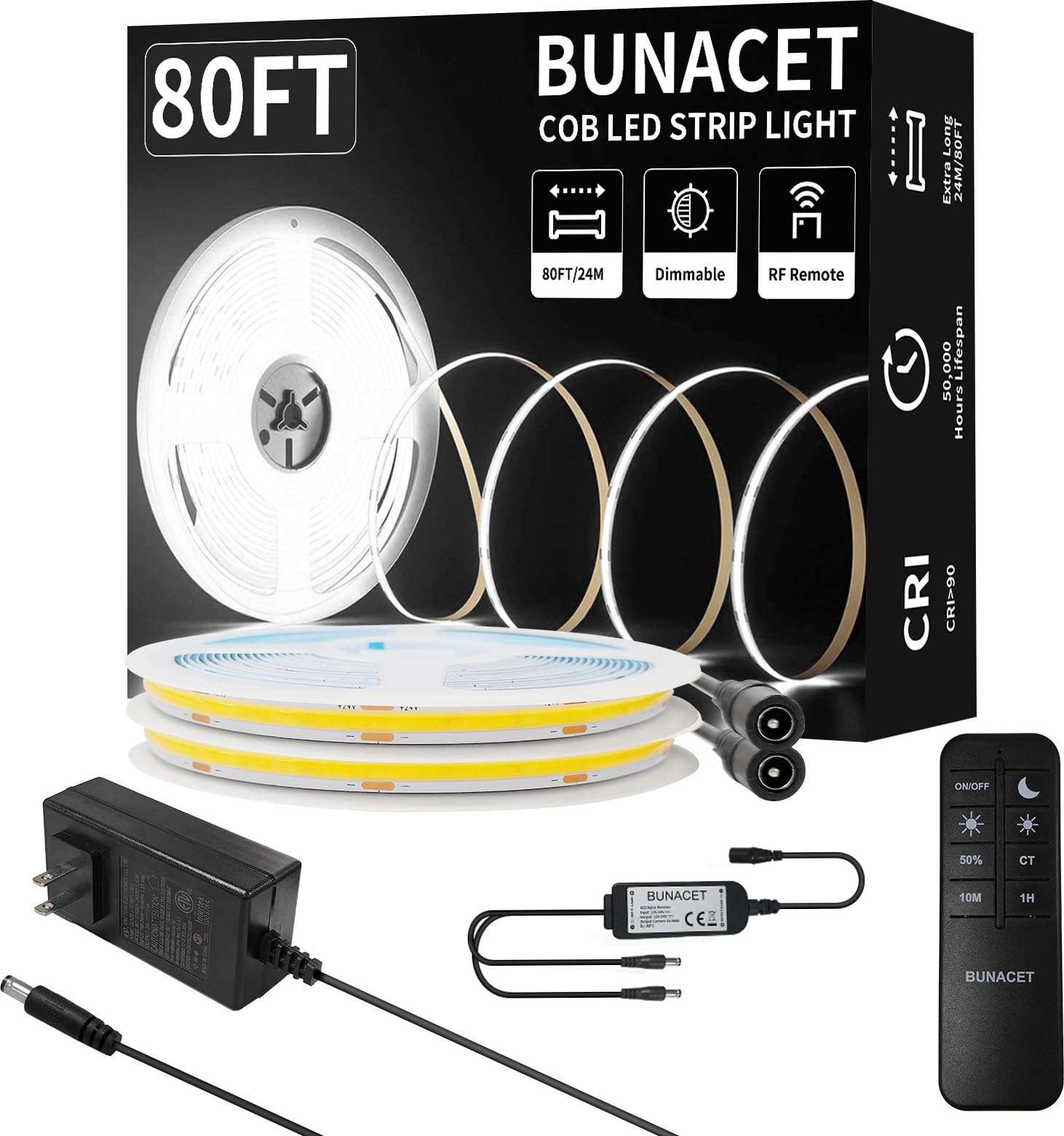 BUNACET 80FT/24m COB LED Strip Light (2 Rolls of 40ft) Warm White Dimmable 6500K High Lumen CRI 90+ with 24V Power Adapter RF Re
