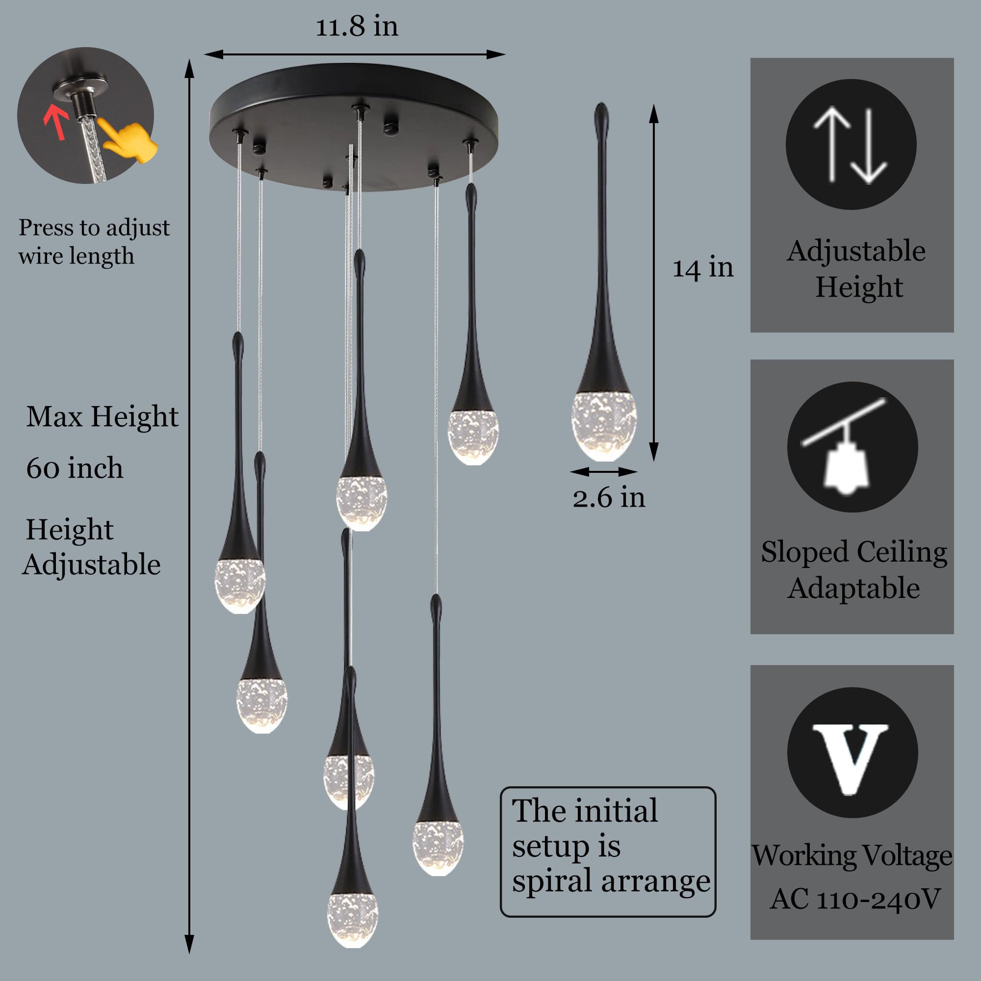 Upfelw Modern Crystal Chandelier - 7-Lights, Dimmable LED, Black, H60in  High Ceiling, Model UCC-B07-0436