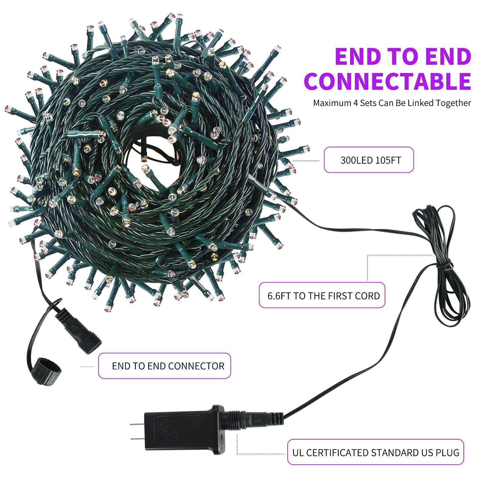 MZD8391 Christmas String Lights 105FT 300LED 8 Modes Indoor Outdoor Purple QL300AE