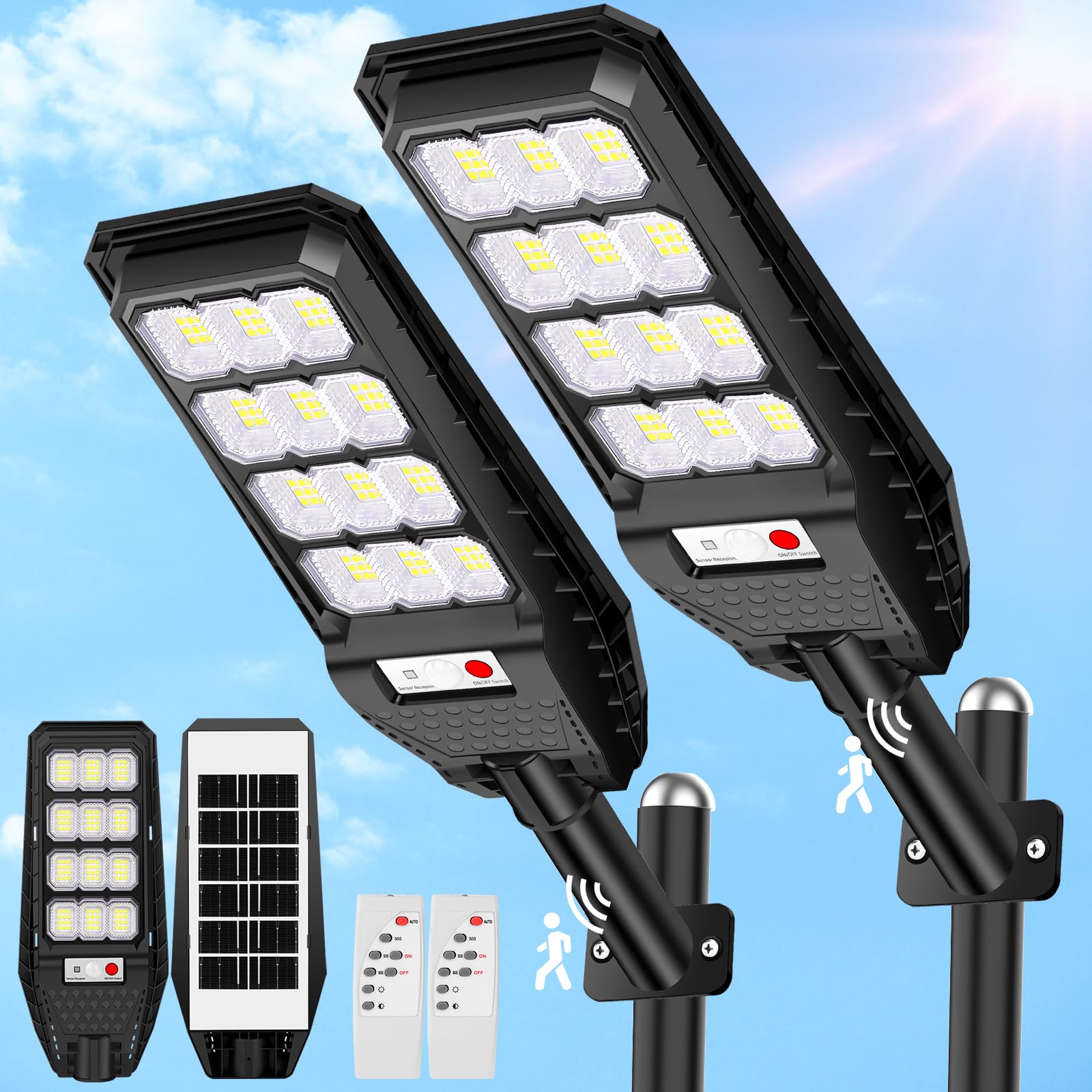 VUAA Solar Street Lights 6500K 6000LM Waterproof Dusk to Dawn Motion Sensor 2 Pack Black Model KY-LJ-2