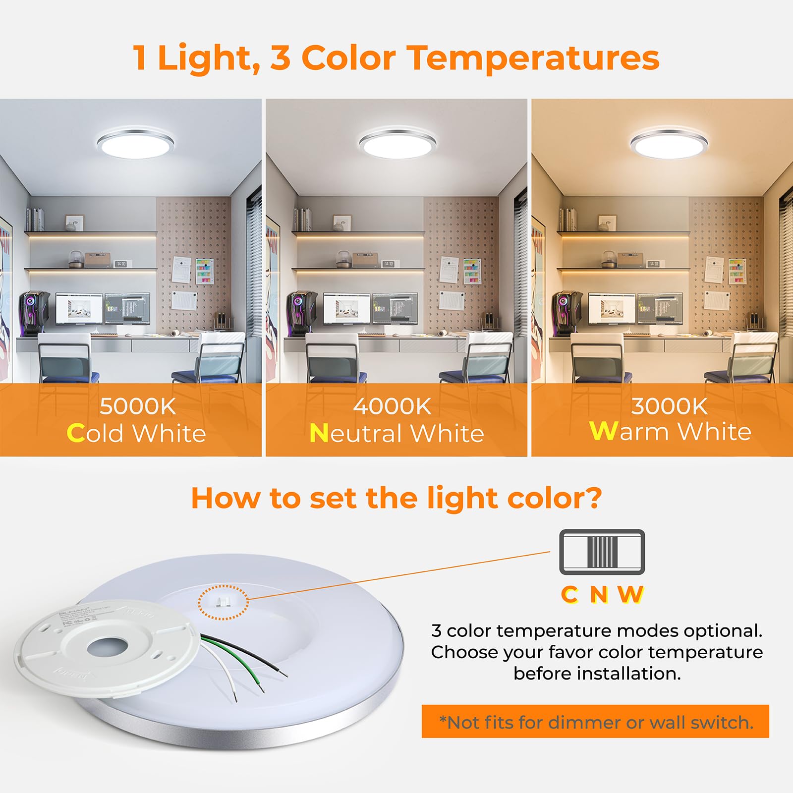 BLNAN LED Flush Mount Ceiling Light, 12 Inch 24W, Selectable 3000K/4000K/5000K, Silver, Model LS-CL-G24W-D