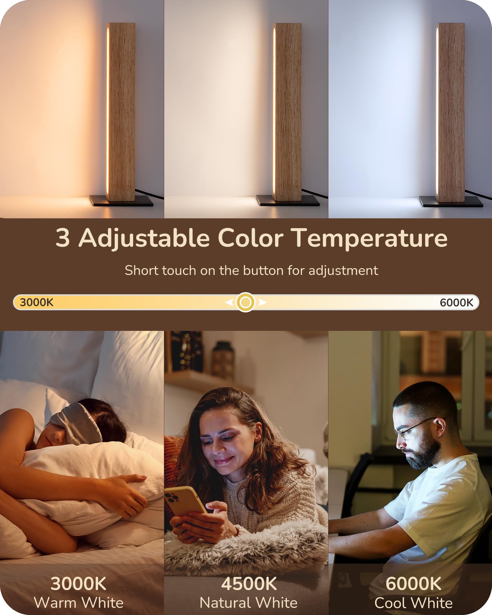 EDISHINE LED Wood Table Lamp - 3-Color Minimalist Design, Stepless Dimmable, Touch Switch, Square Nightstand Lamp, Light Color