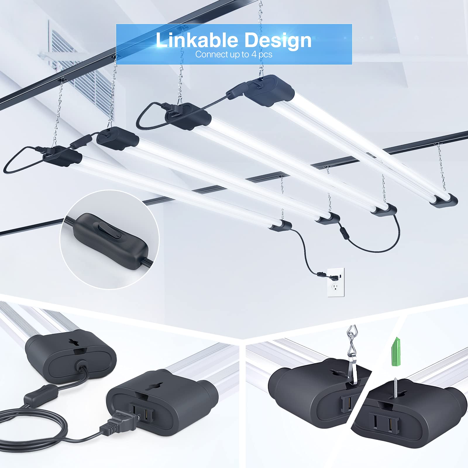 Ensenior 10 Pack Linkable Led Shop Light 4Ft For Garage, 4400 High Lumens, 36W Equivalent 280W, 5000K Daylight, 48 Inch Utility