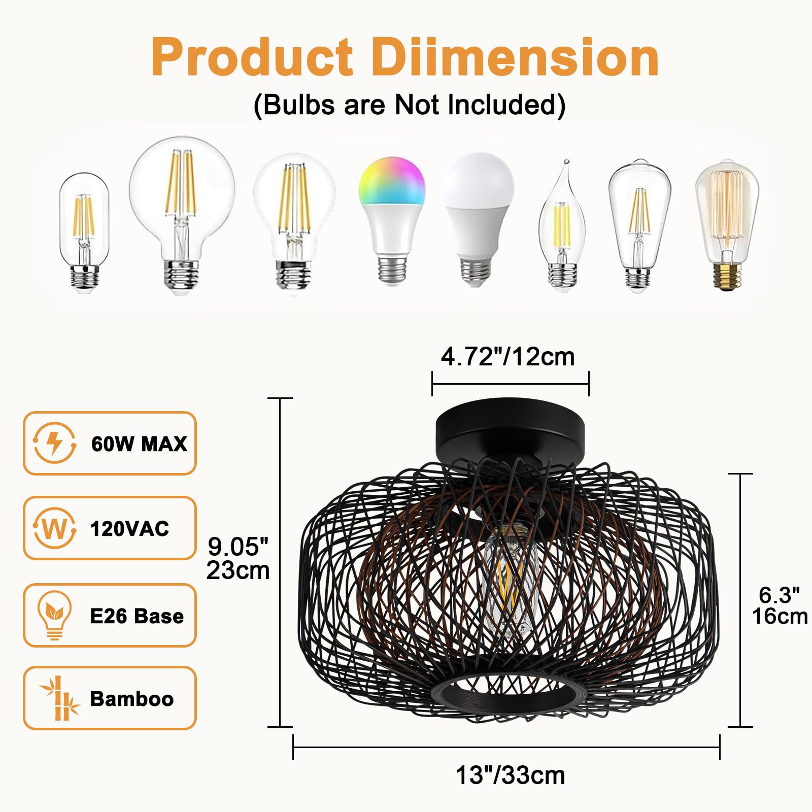 Tbaoinla 13" Hand-Woven Rattan Light Fixture Bedroom Light Fixture Boho Light Fixture Living Room Black Light Fixture Hallway Kitchen Farmhouse Light Fixtures Dining Room Light Fixture Black Brown