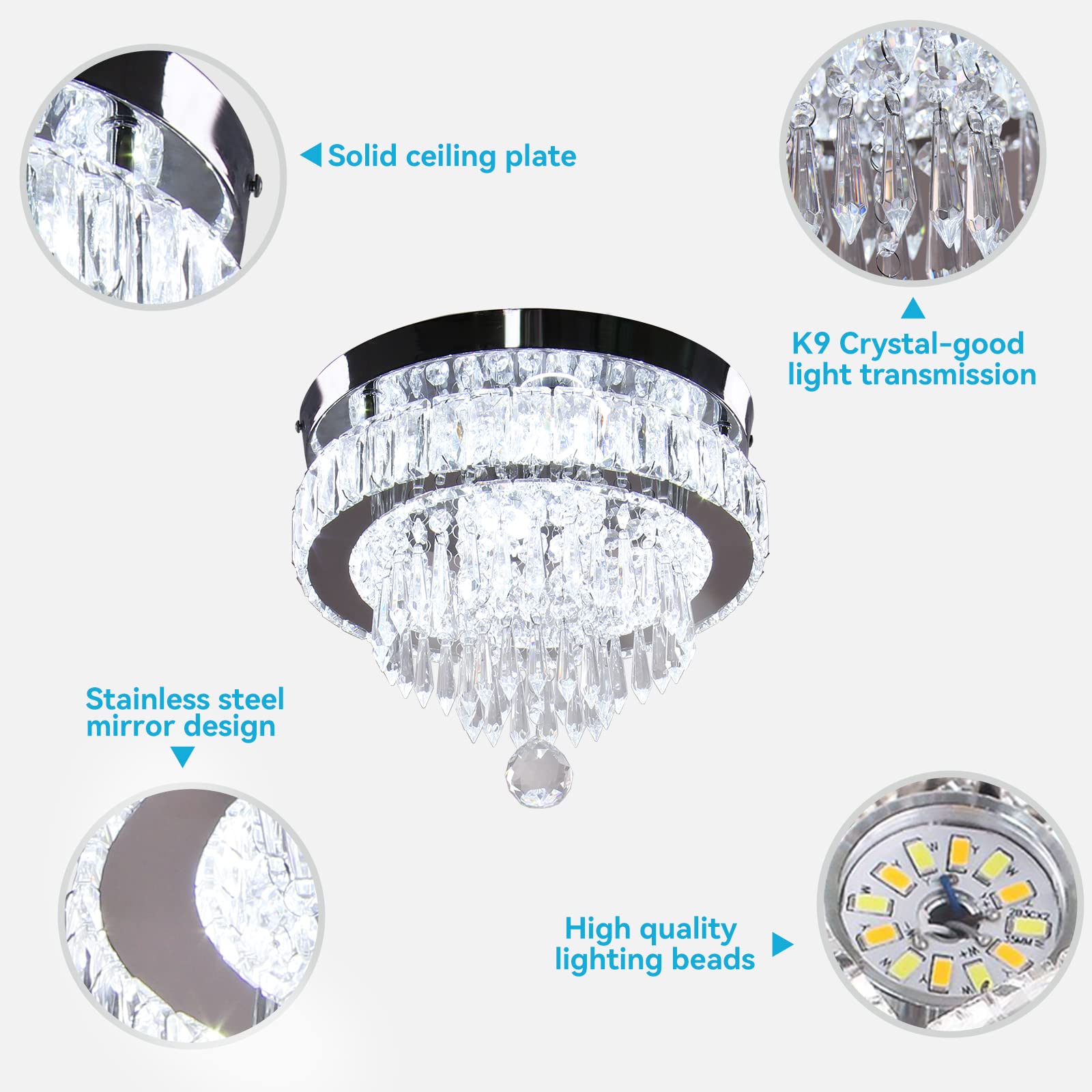 11.8&quot; Modern Crystal Chandelier Led Flush Mount Ceiling Light For Bedrooms, Dining Room, Hallway (6500K Cool White)