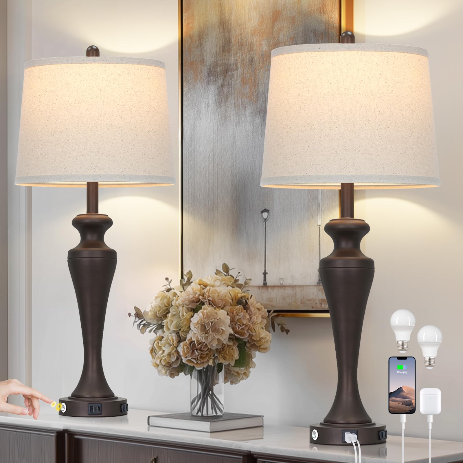CINSARY 30 Tall Brown Table Lamps Set of 2  Touch Control Living Room Lamp with USB A+C Ports and AC Outlet  3-Way Dimmable Bedside Lamps for Nightstand  Modern Metal Bedroom Lamp for End Table