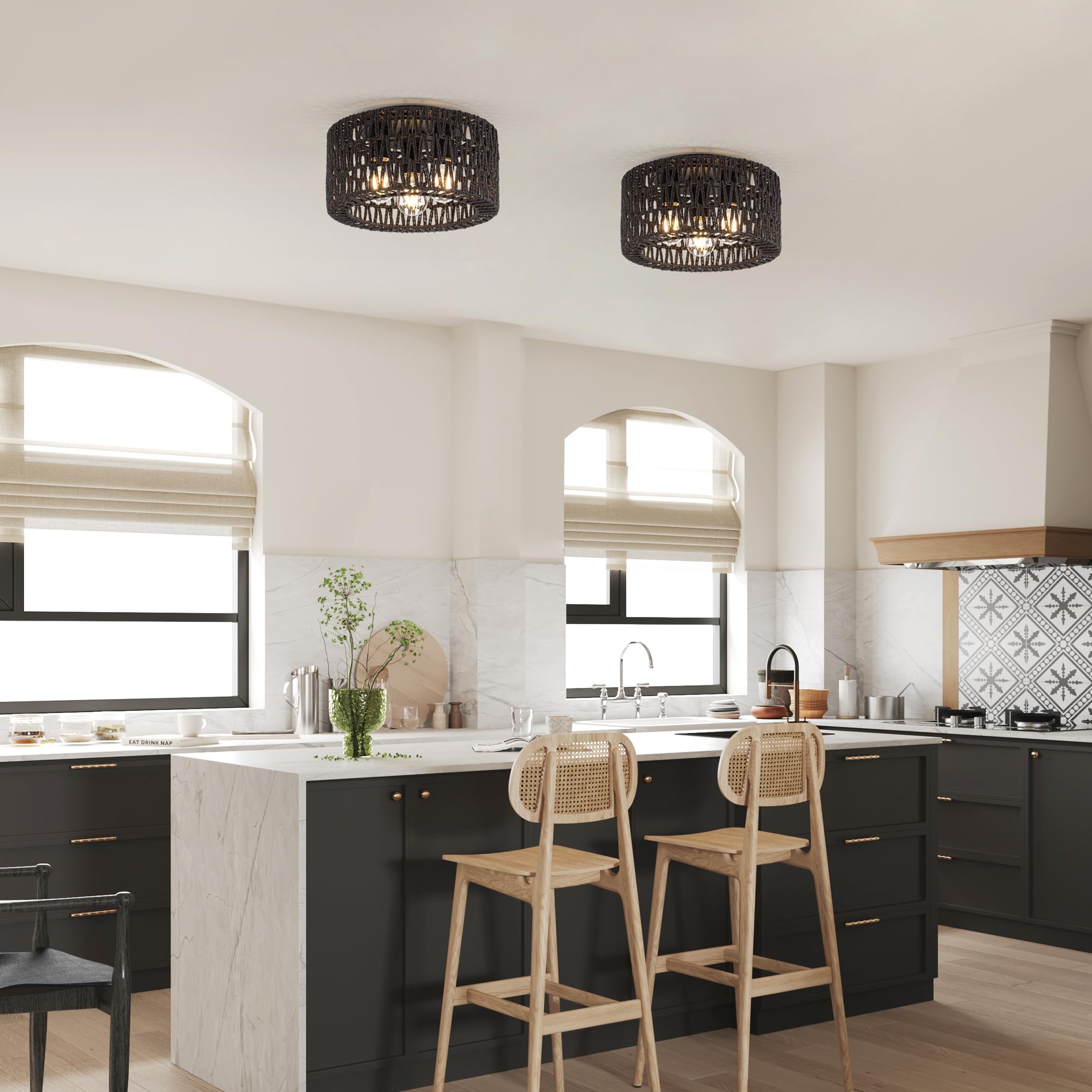 Rattan Ceiling Light Fixture, 3-Light Bohemian Modern Woven Ceiling Light, Black Boho Flush Mount Ceiling Light For Bedroom Livi