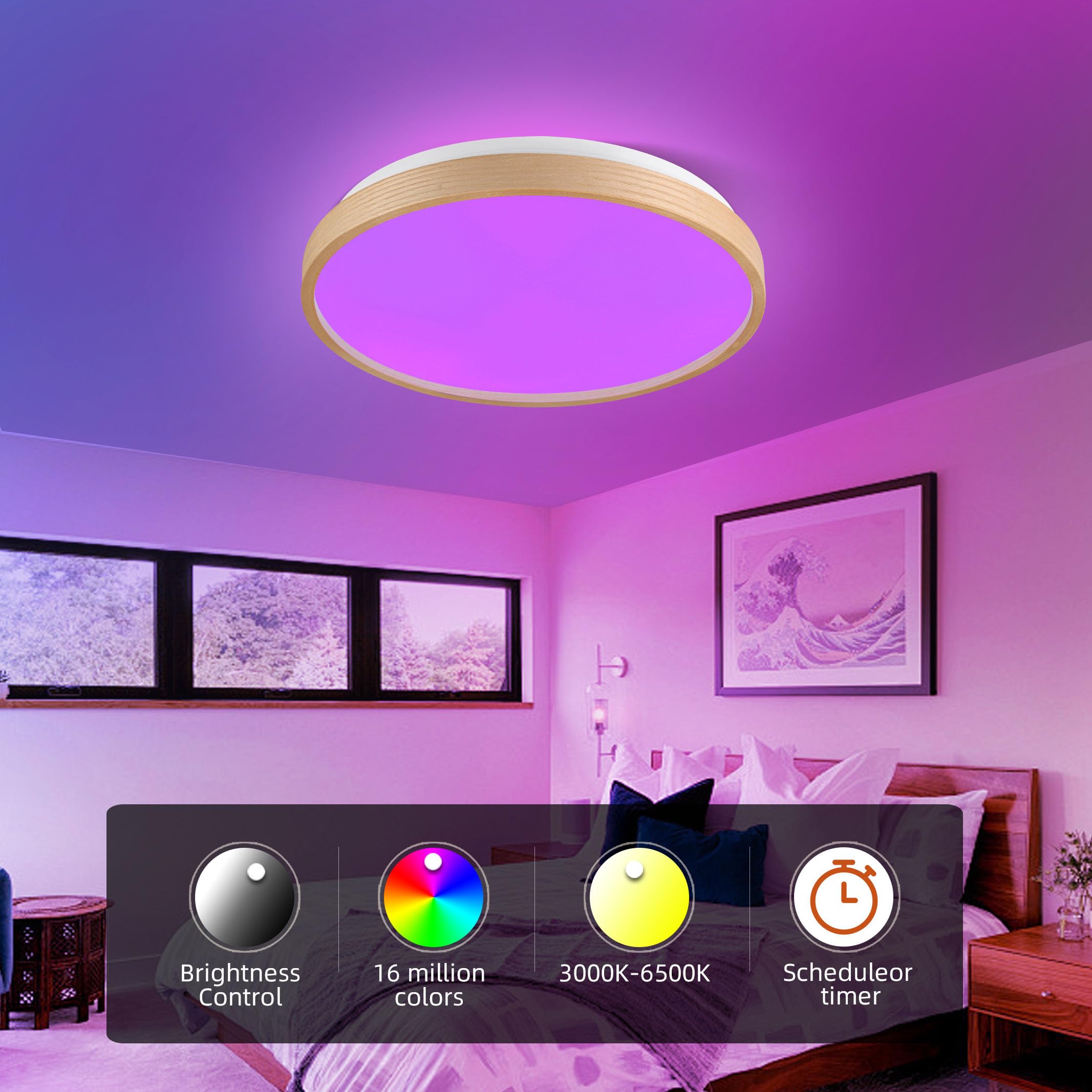 HOREVO Dimmable LED Flush Mount Ceiling Light with Bluetooth Speaker, RGB Color Changing, 24W, Wood, Model X003
