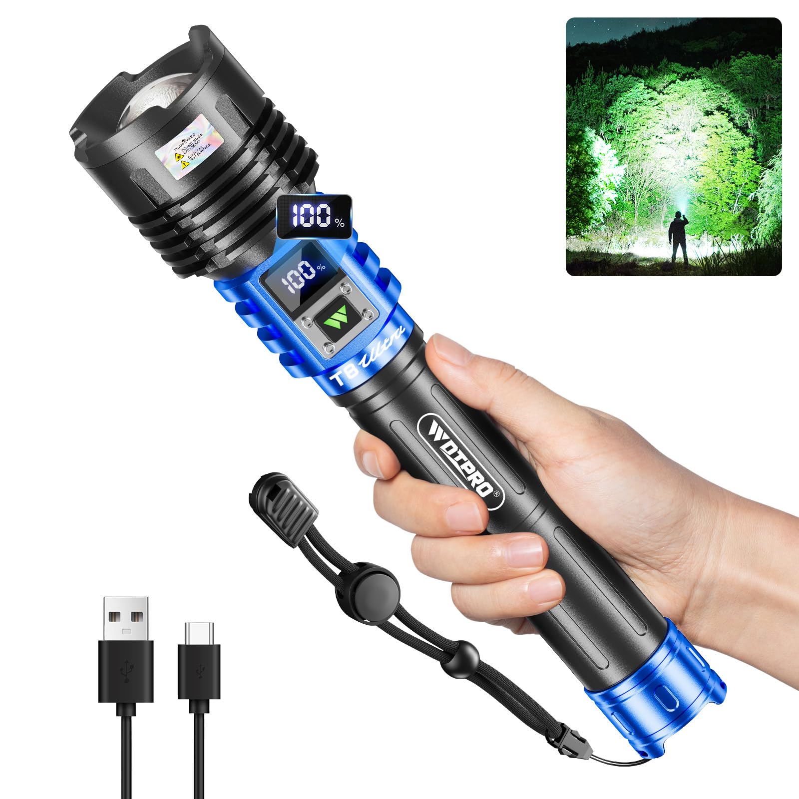 WdtPro Rechargeable LED Flashlights High Lumens  Super Bright 90000LM Rechargeable Flashlight with LCD Display  5 Modes & Waterproof Powerful 10000mAh Handheld Flashlight for Camping Emergency Blue